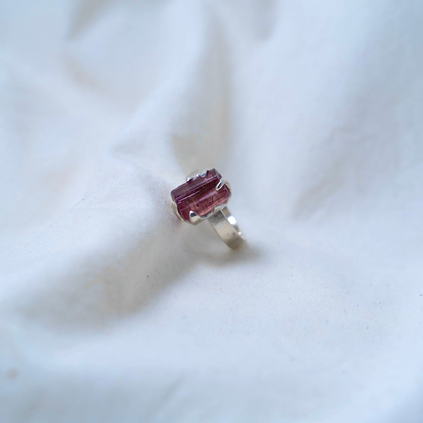Handmade raw pink tourmaline silver ring
