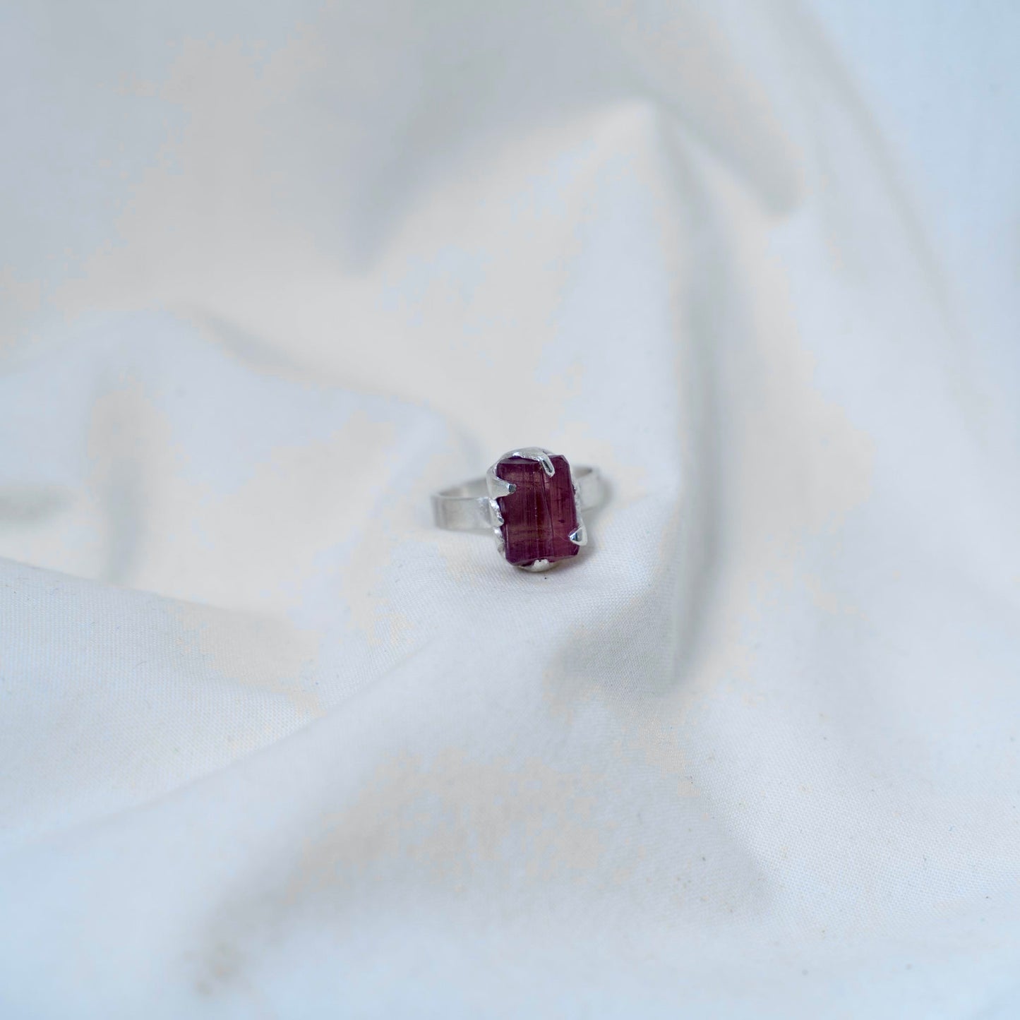 Handmade raw pink tourmaline silver ring