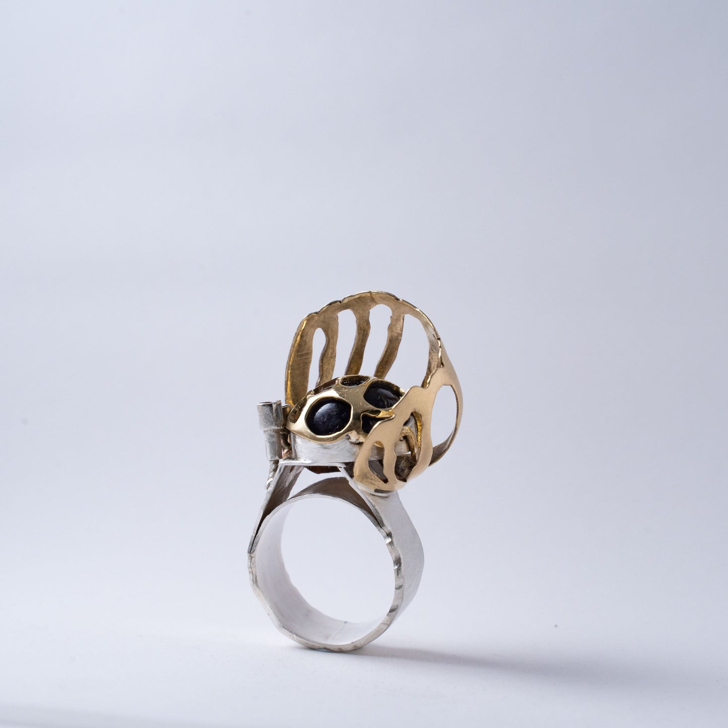 Handmade Brass & Silver Ring with Amethyst – Coral-Inspired Statement Jewelry