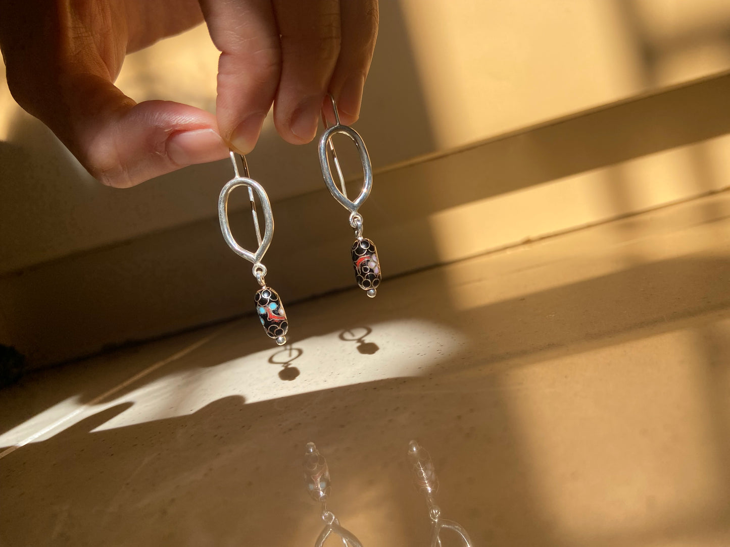 Cloisonné bead teardrop earring in silver