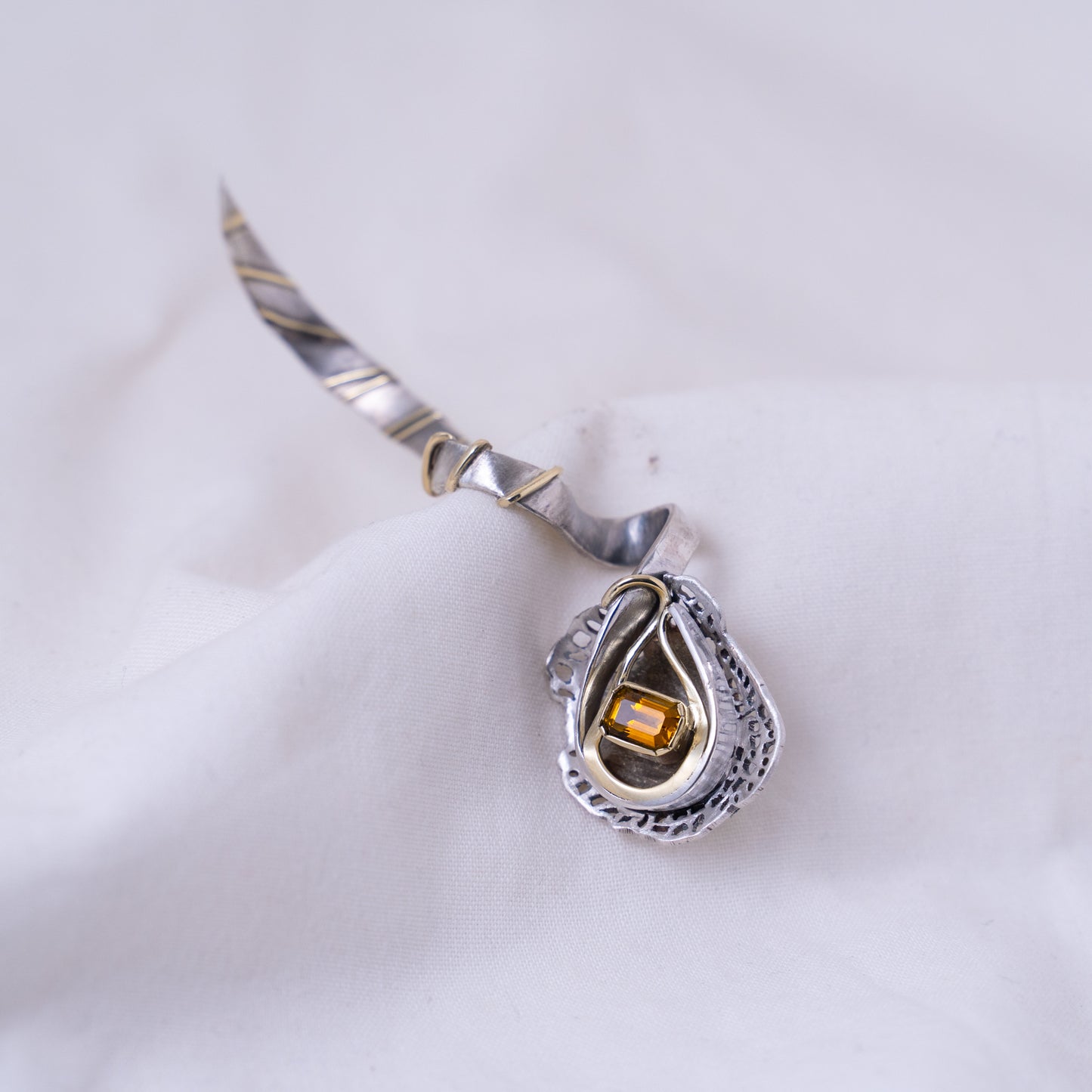 Kudu at dusk BROOCH in oxidized silver, 14k gold and an emerald cut citrine.