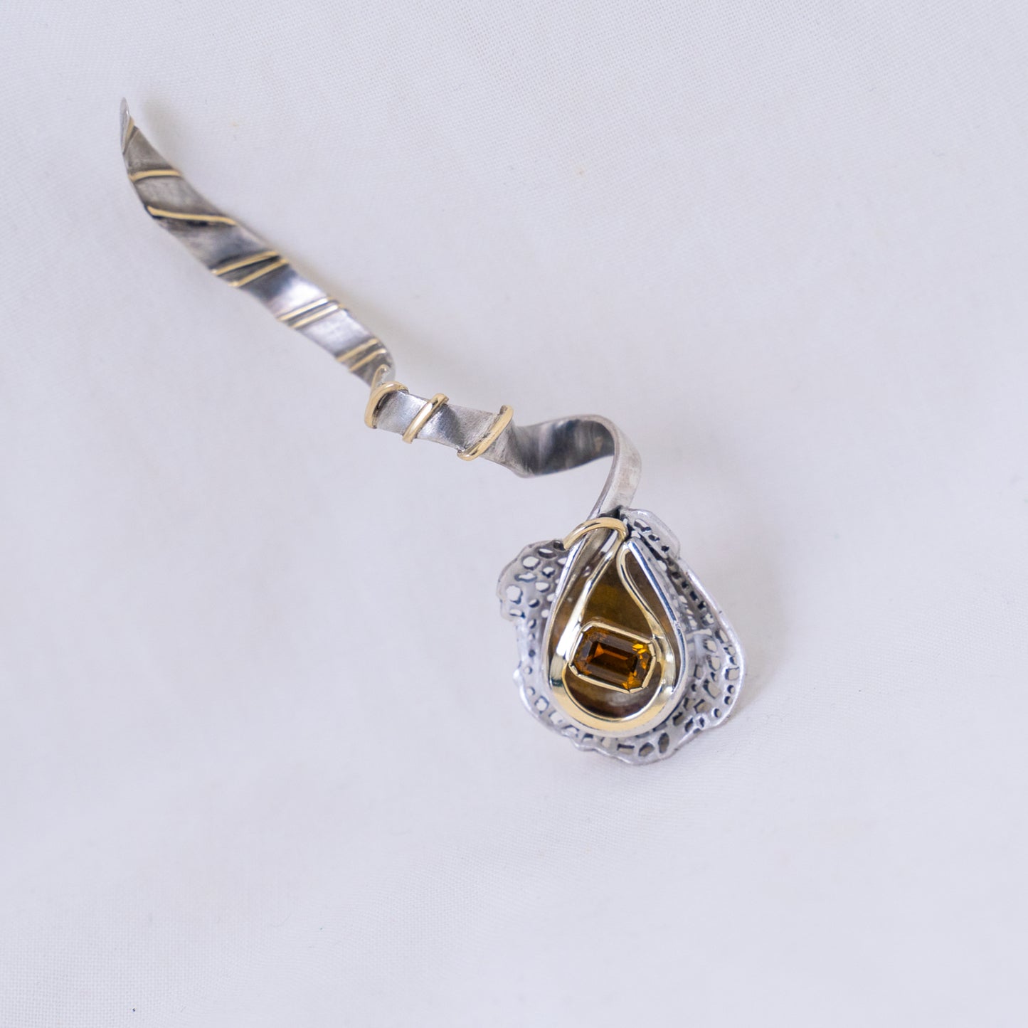 Kudu at dusk BROOCH in oxidized silver, 14k gold and an emerald cut citrine.