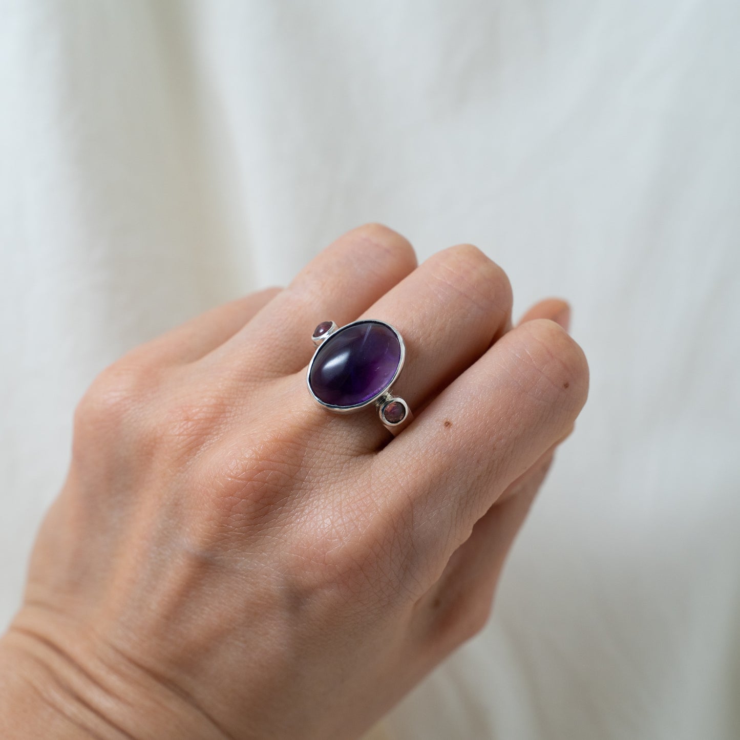Amethyst Oval cabochon and Pink tourmaline sterling silver ring