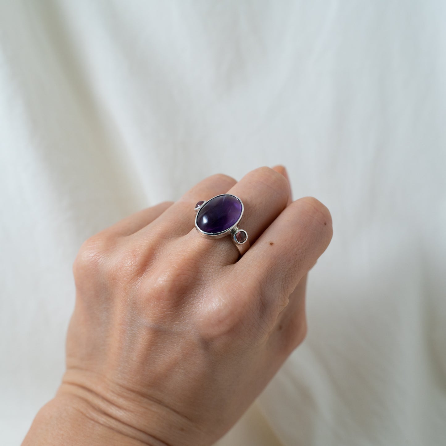 Amethyst Oval cabochon and Pink tourmaline sterling silver ring
