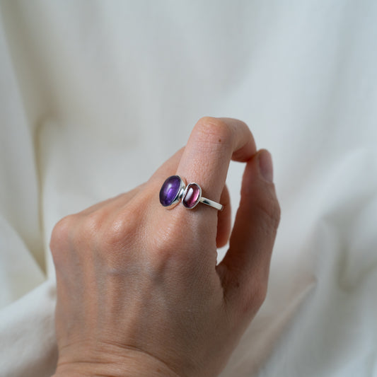 Moi Et Toi Amethyst and Pink tourmaline, open, silver ring