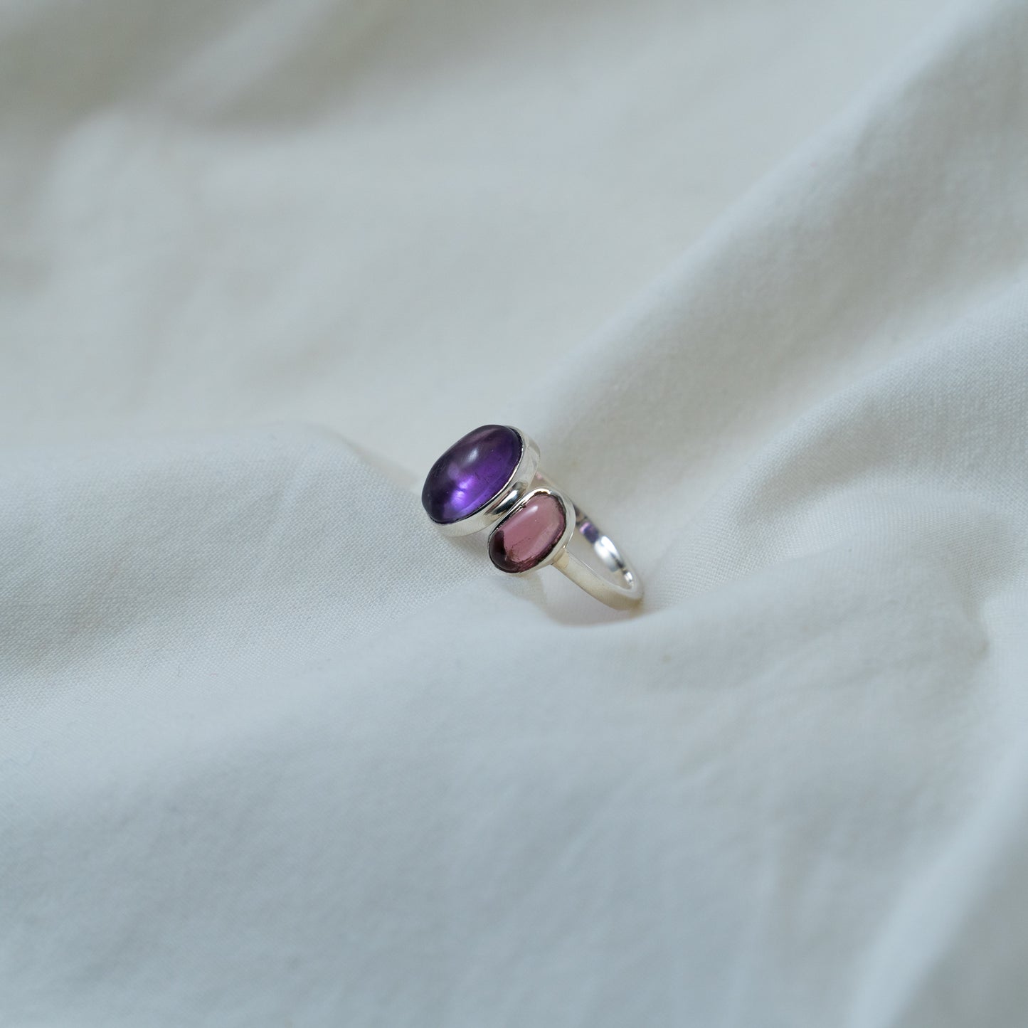 Moi Et Toi Amethyst and Pink tourmaline, open, silver ring