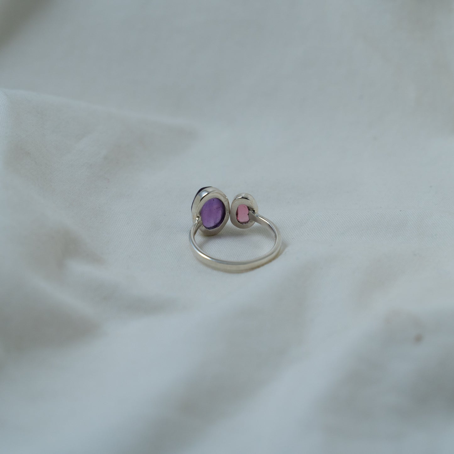 Moi Et Toi Amethyst and Pink tourmaline, open, silver ring
