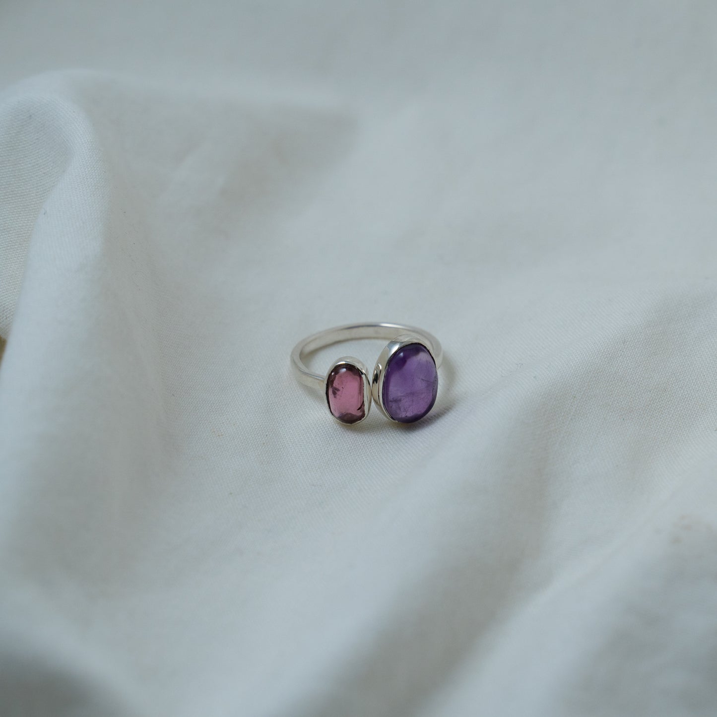 Moi Et Toi Amethyst and Pink tourmaline, open, silver ring