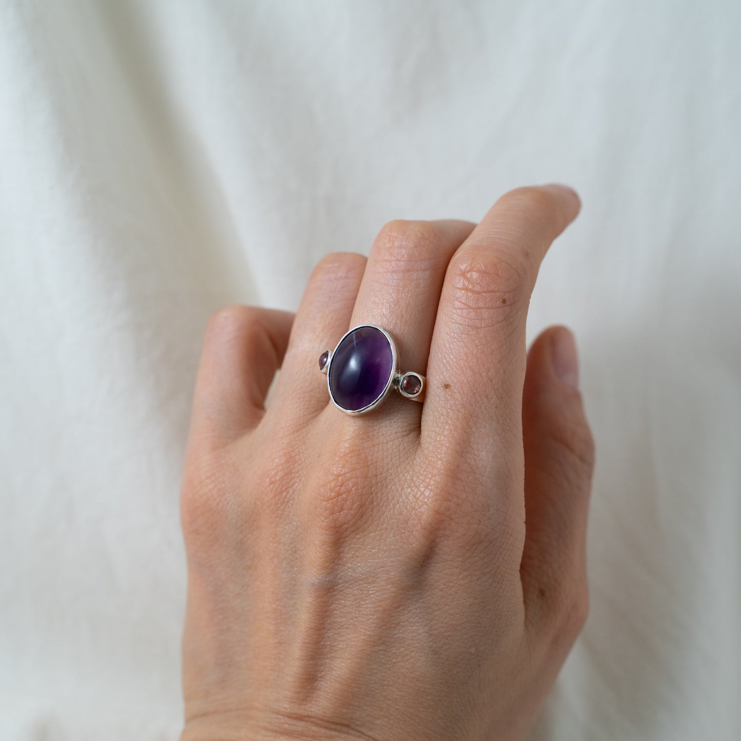Amethyst Oval cabochon and Pink tourmaline sterling silver ring