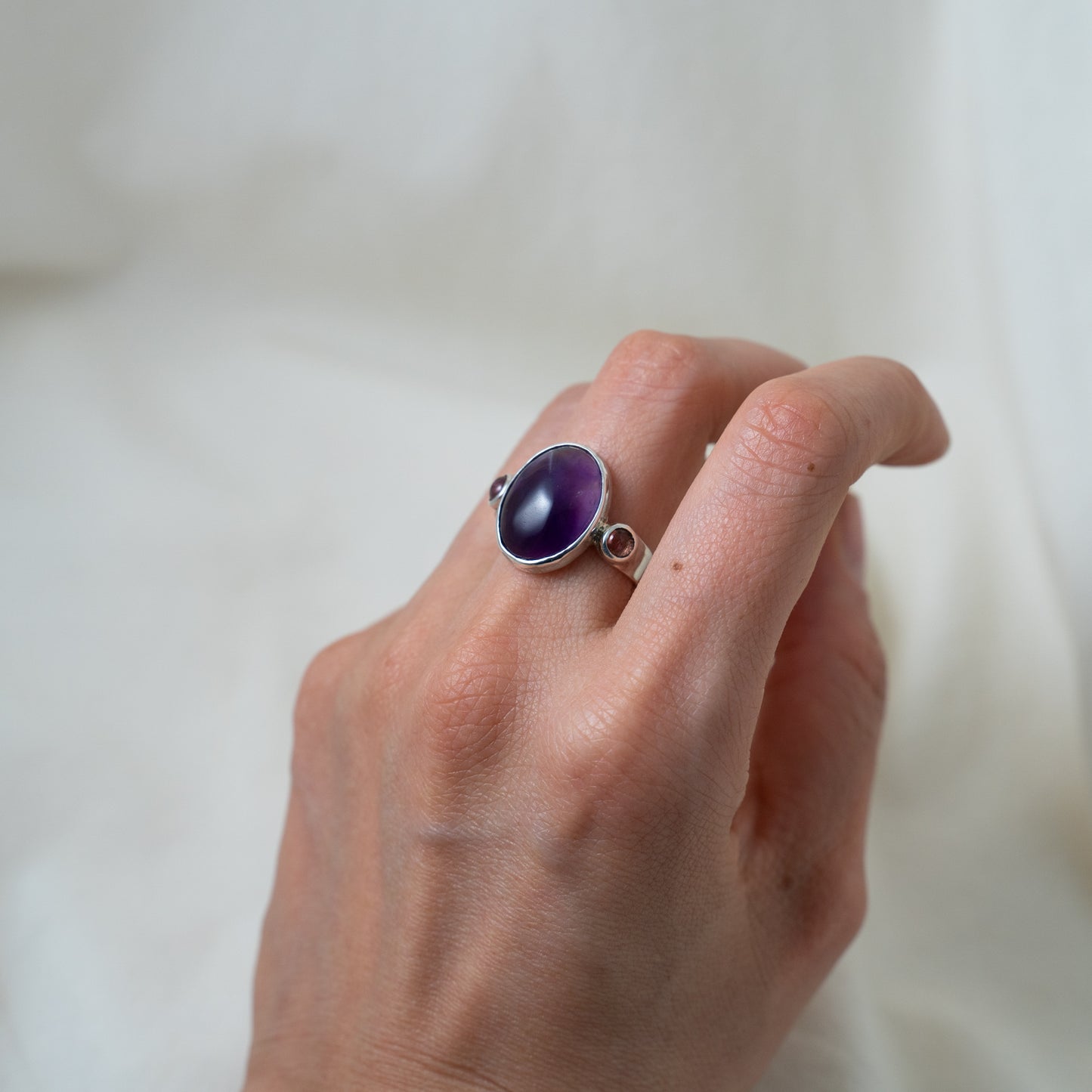Amethyst Oval cabochon and Pink tourmaline sterling silver ring