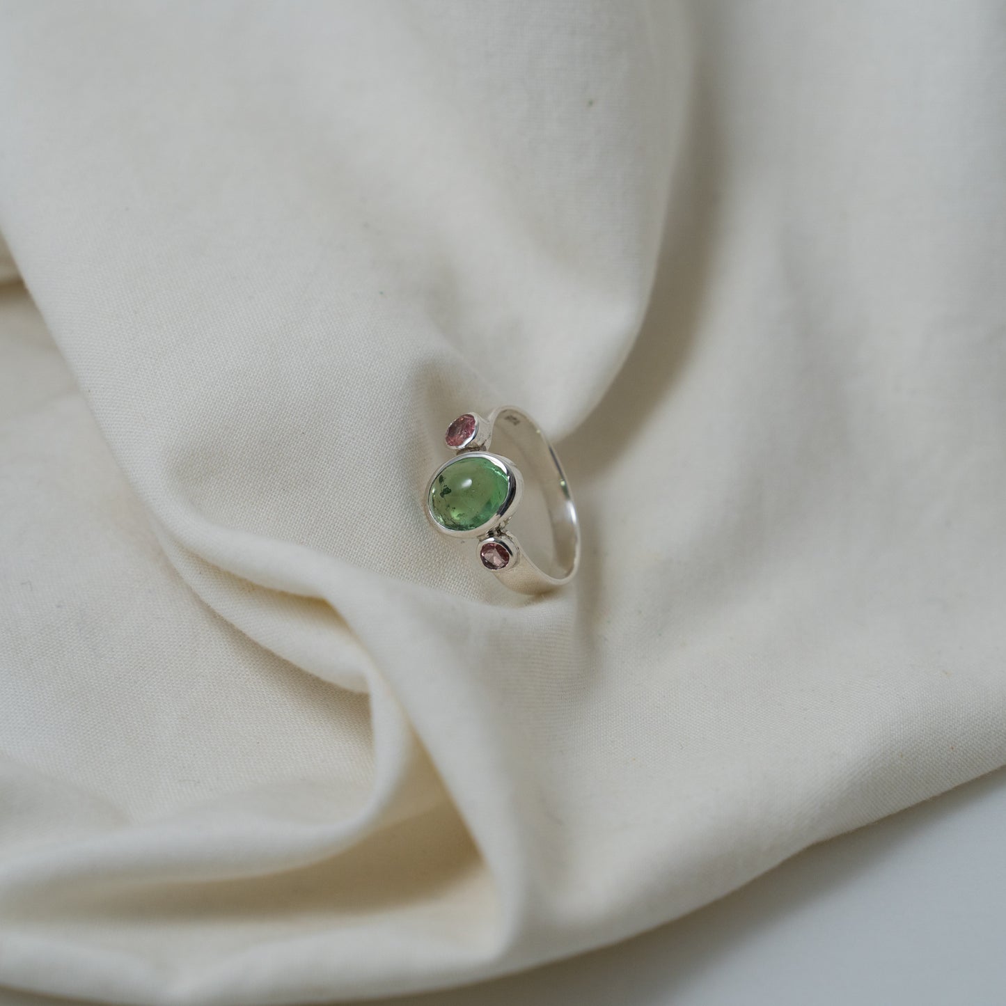 Green tourmaline and pink sapphire silver ring