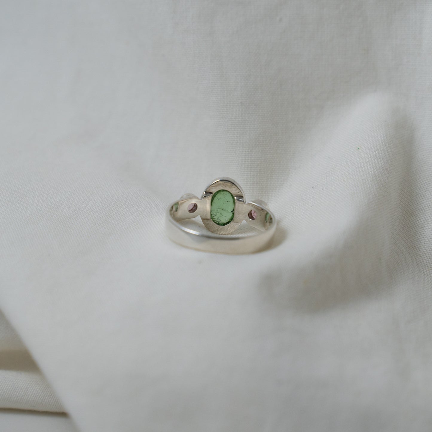 Green tourmaline and pink sapphire silver ring