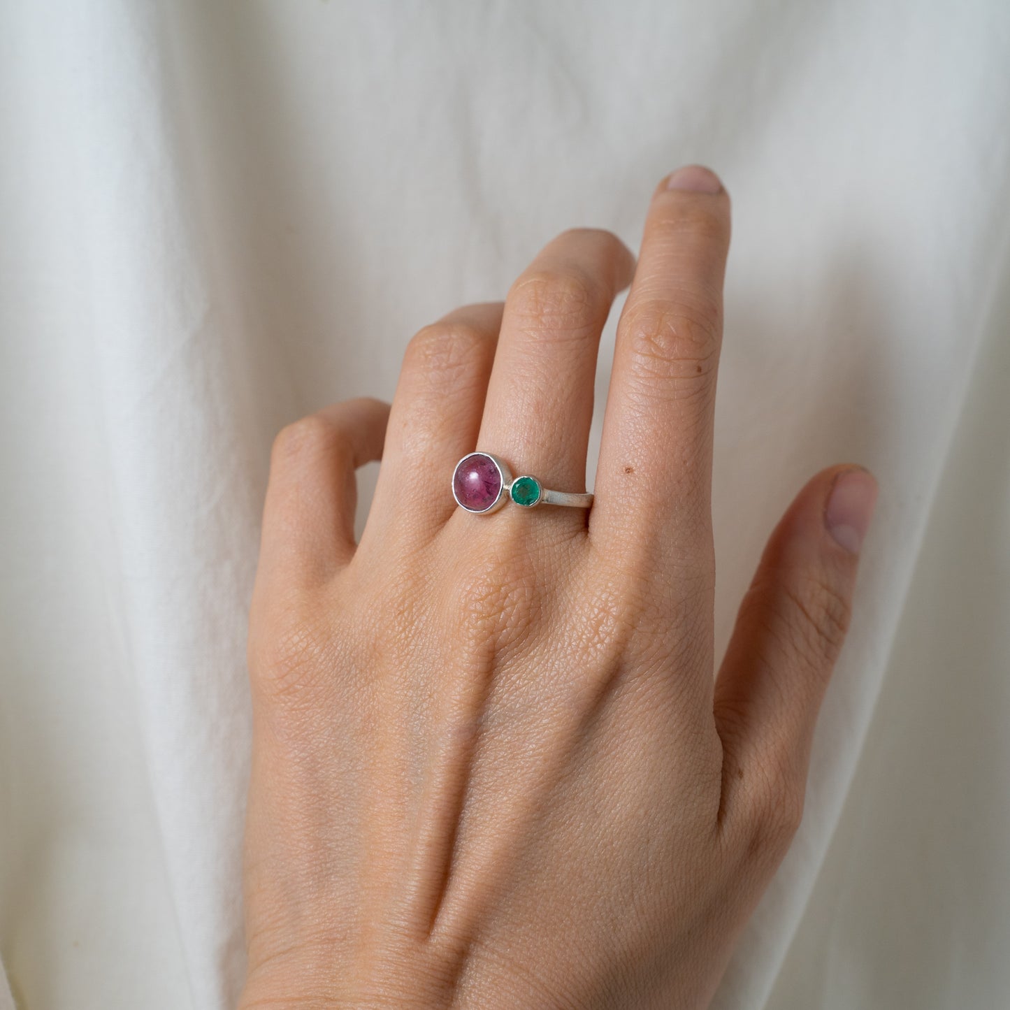 Pink tourmaline and emerald silver ring