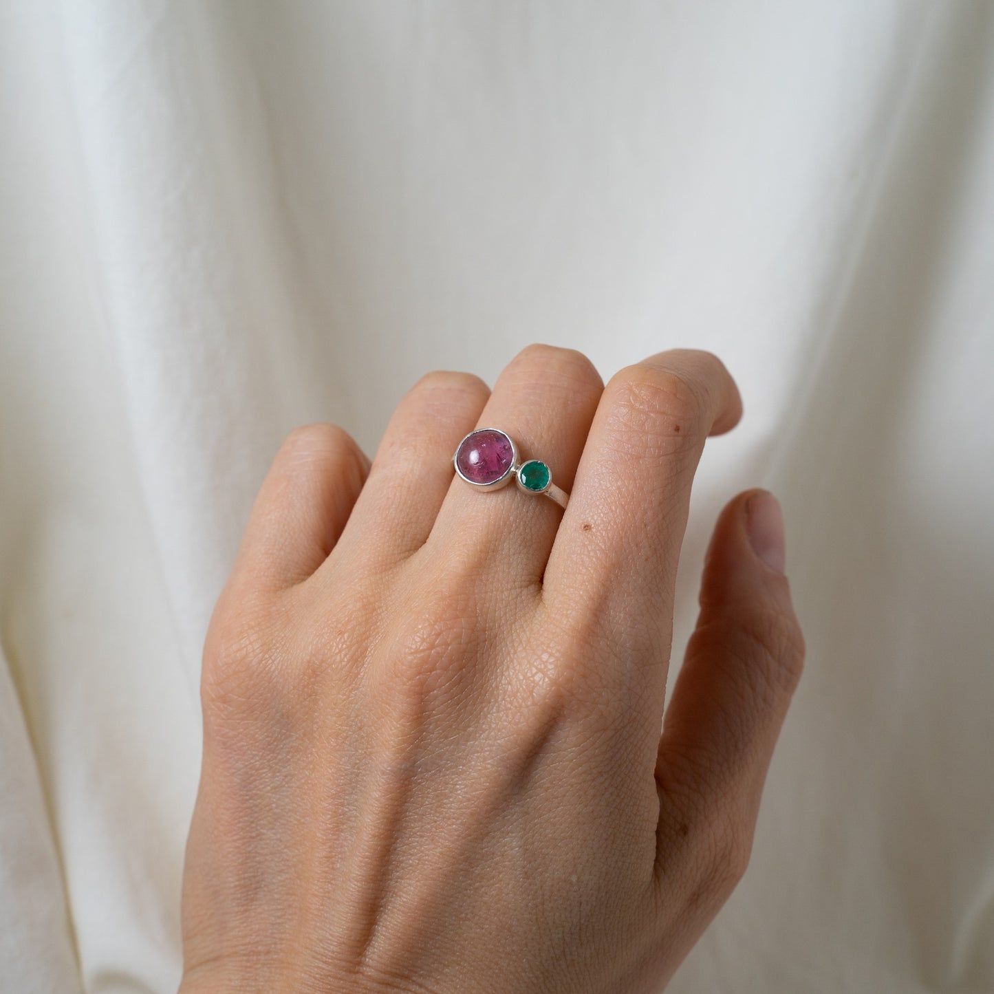 Pink tourmaline and emerald silver ring