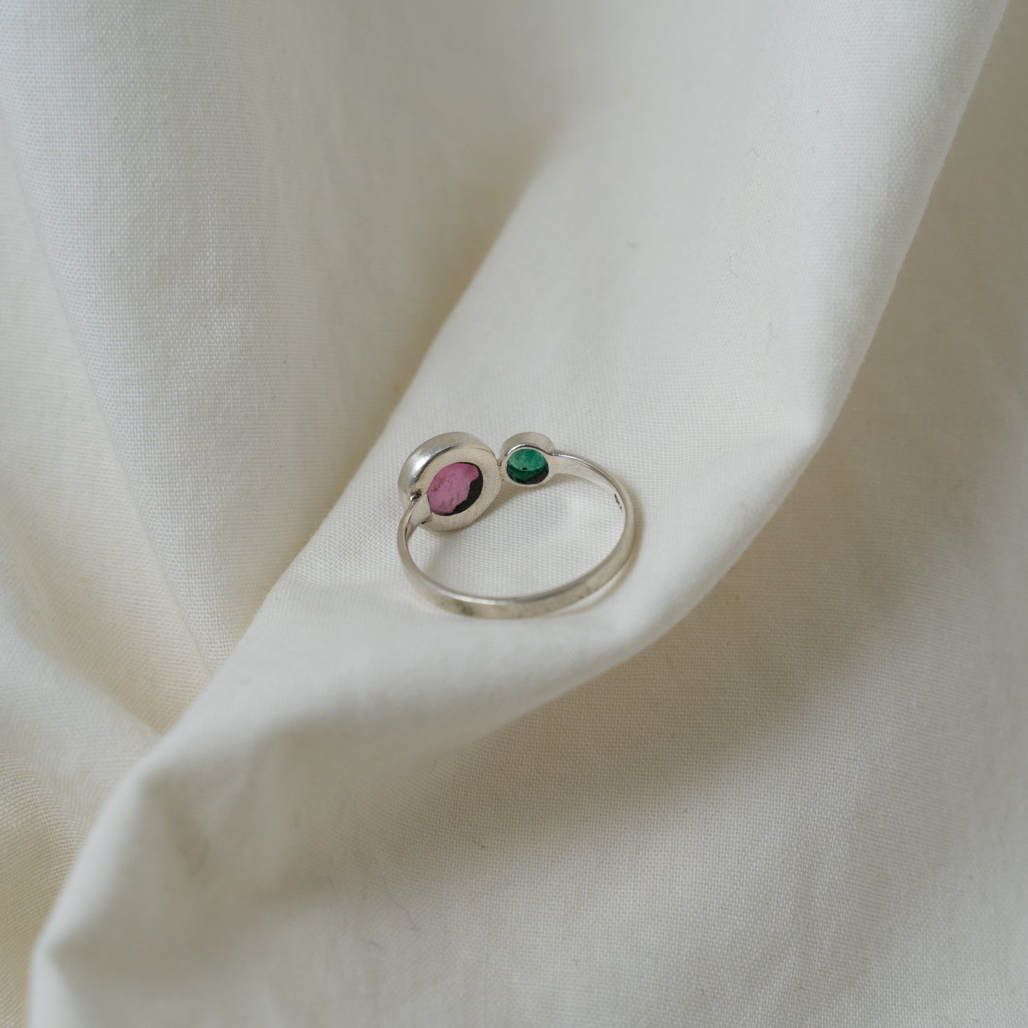 Pink tourmaline and emerald silver ring