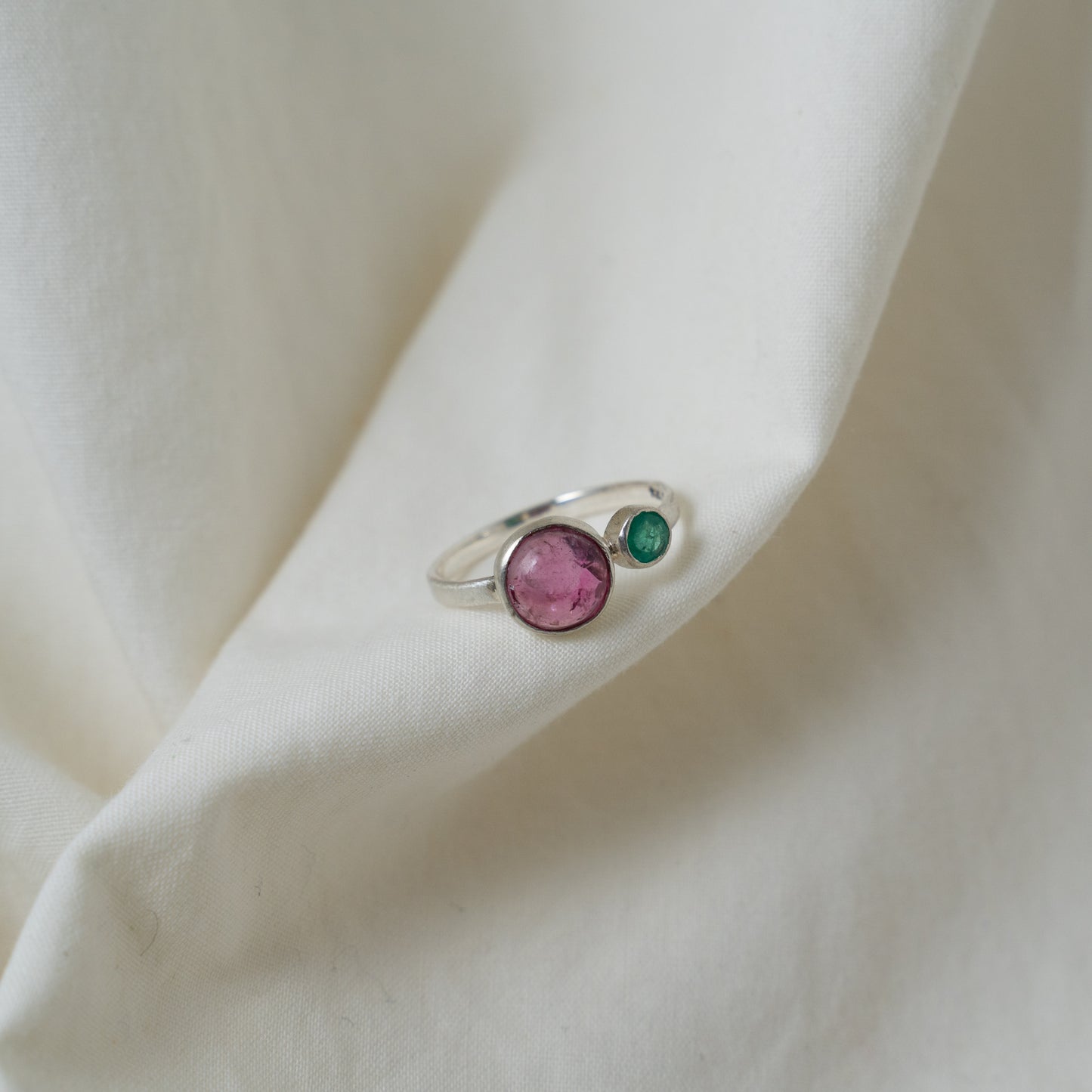 Pink tourmaline and emerald silver ring