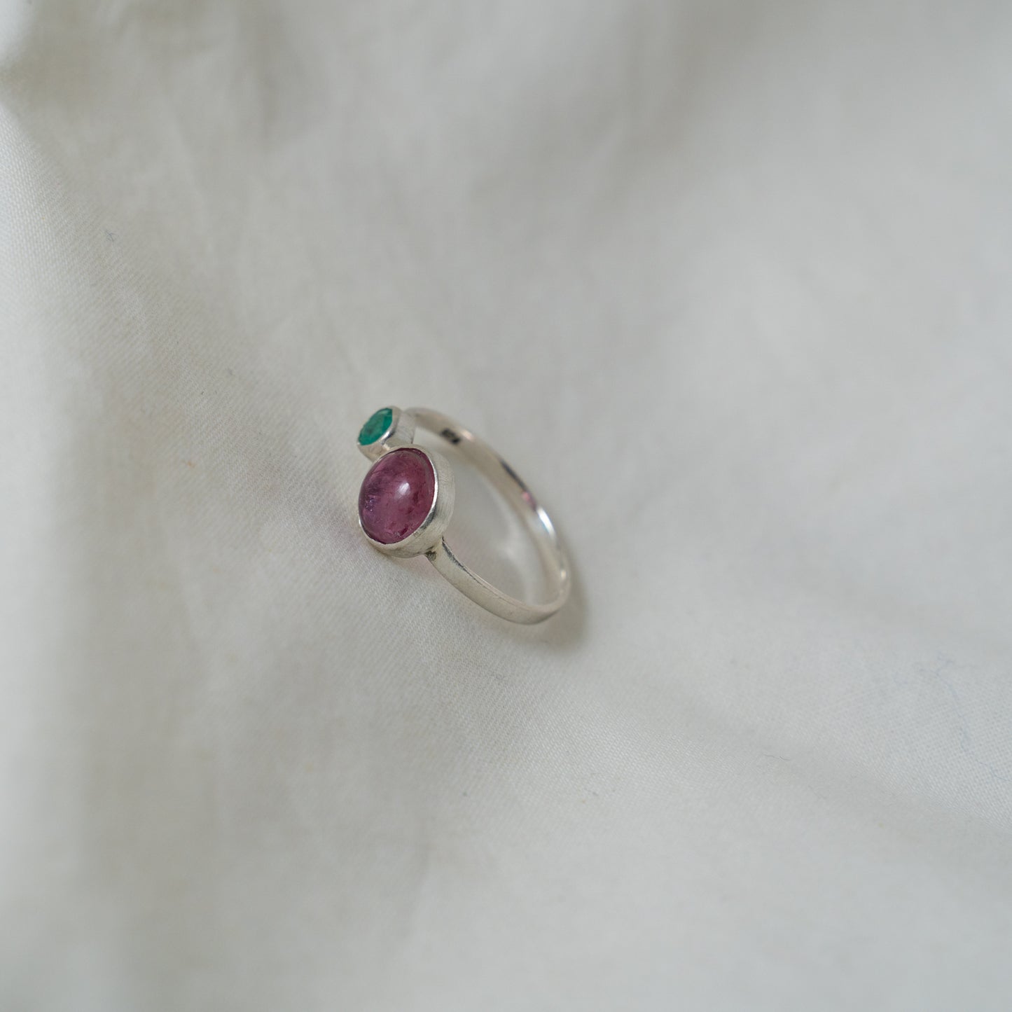 Pink tourmaline and emerald silver ring