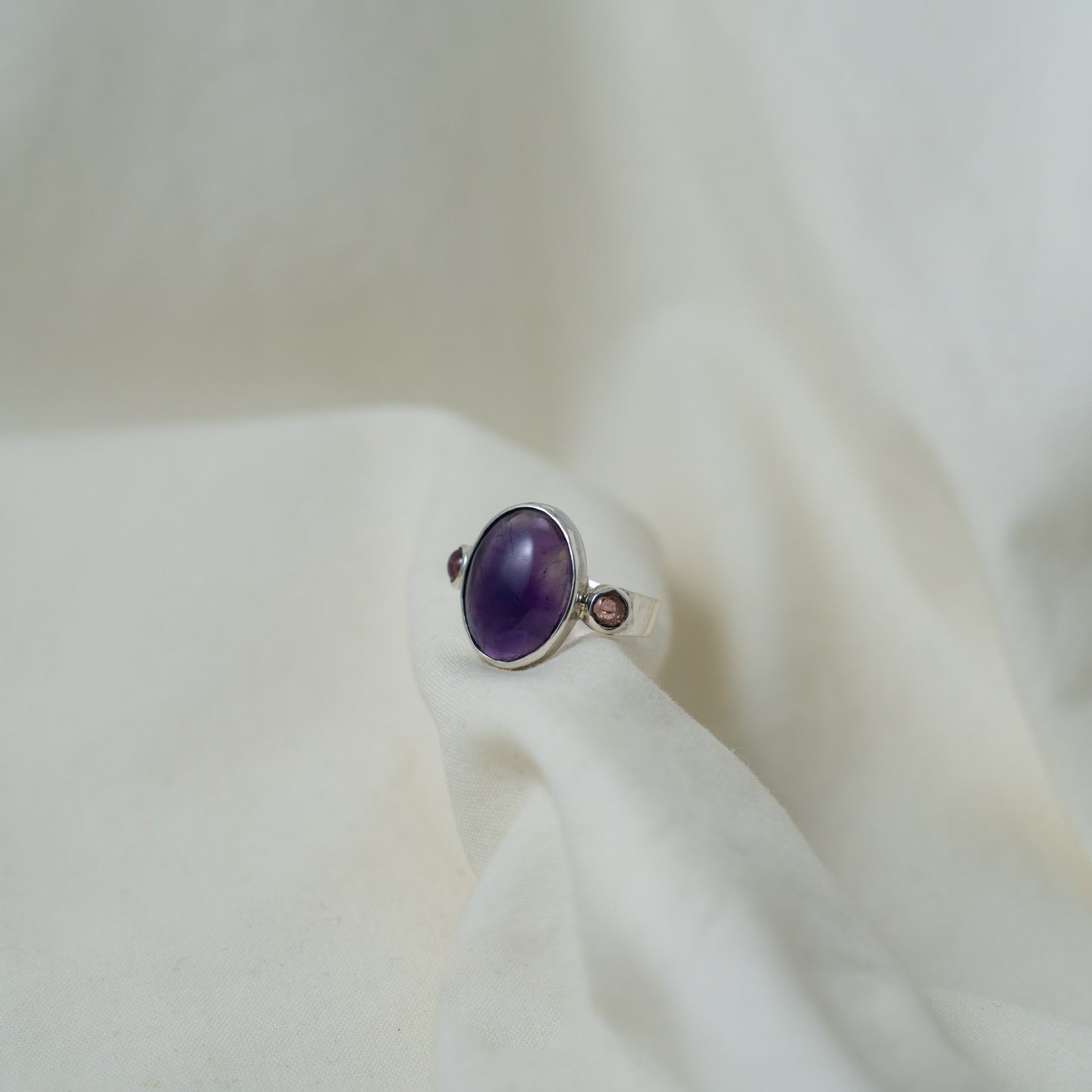 Amethyst Oval cabochon and Pink tourmaline sterling silver ring