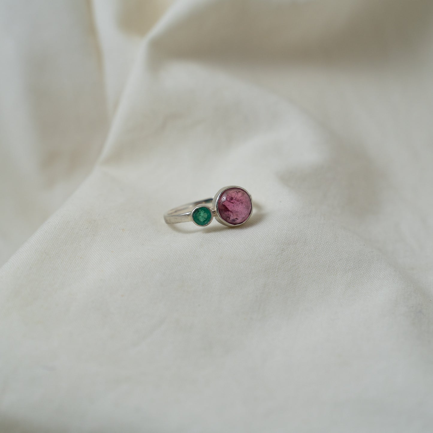 Pink tourmaline and emerald silver ring