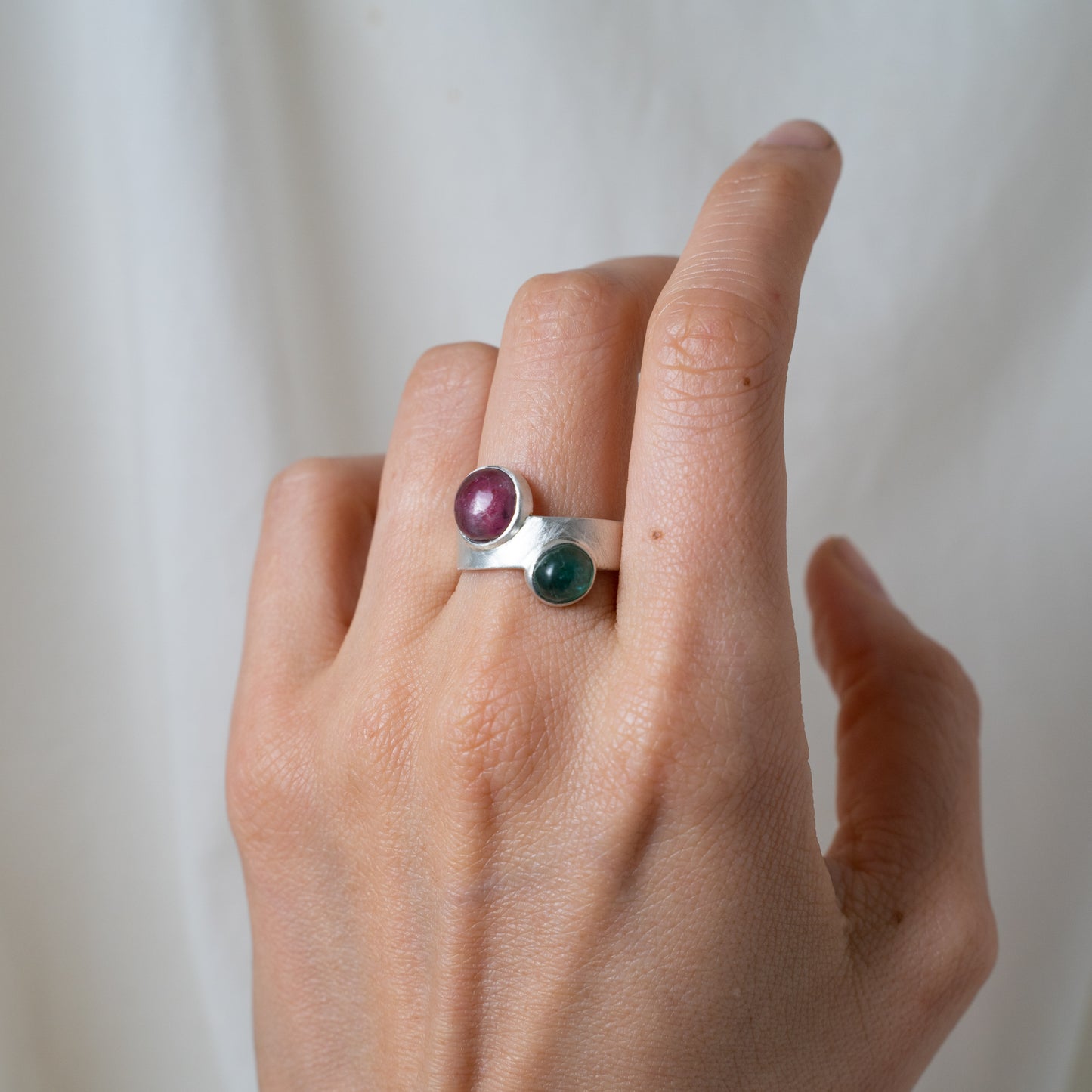 Pink tourmaline and emerald thick band silver ring