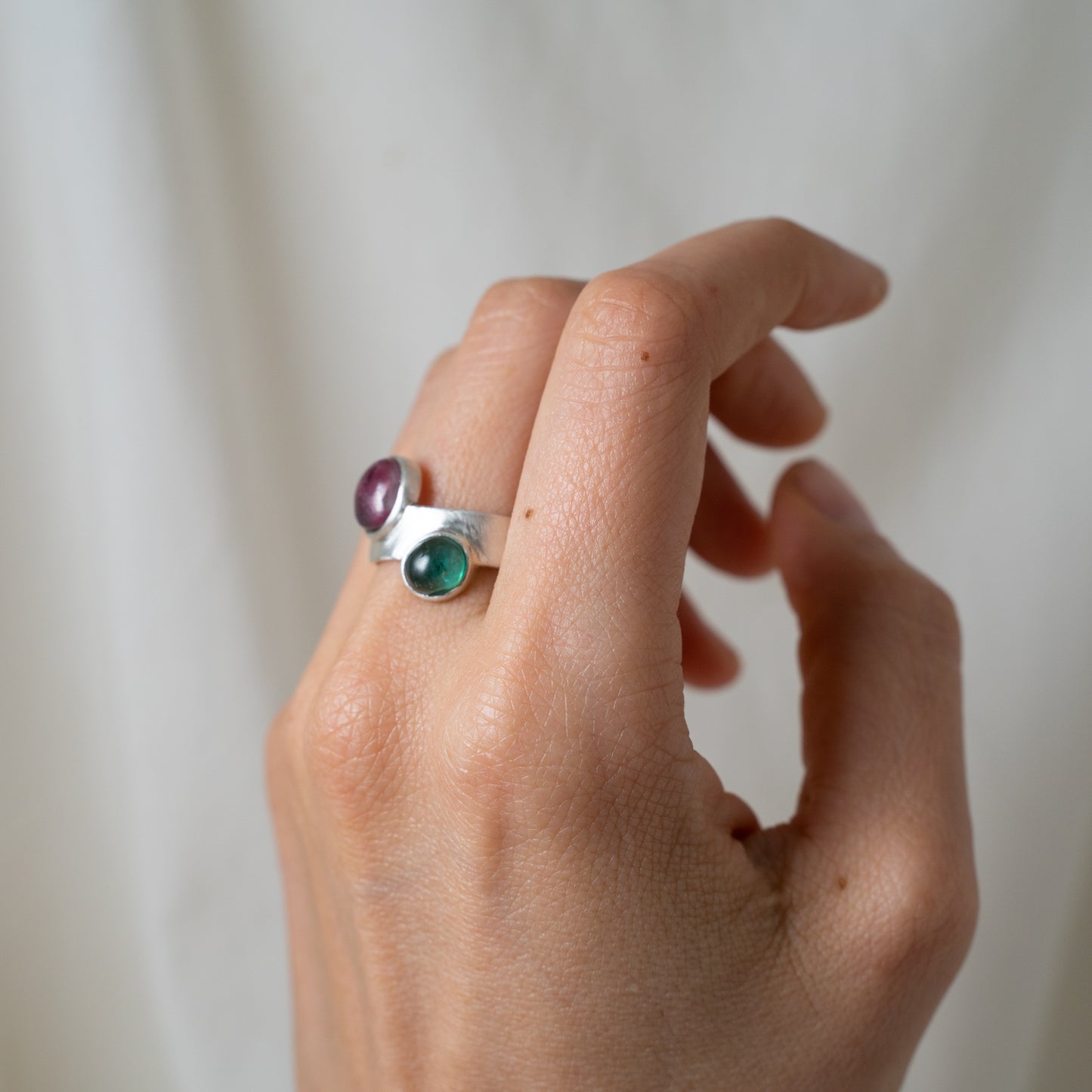 Pink tourmaline and emerald thick band silver ring
