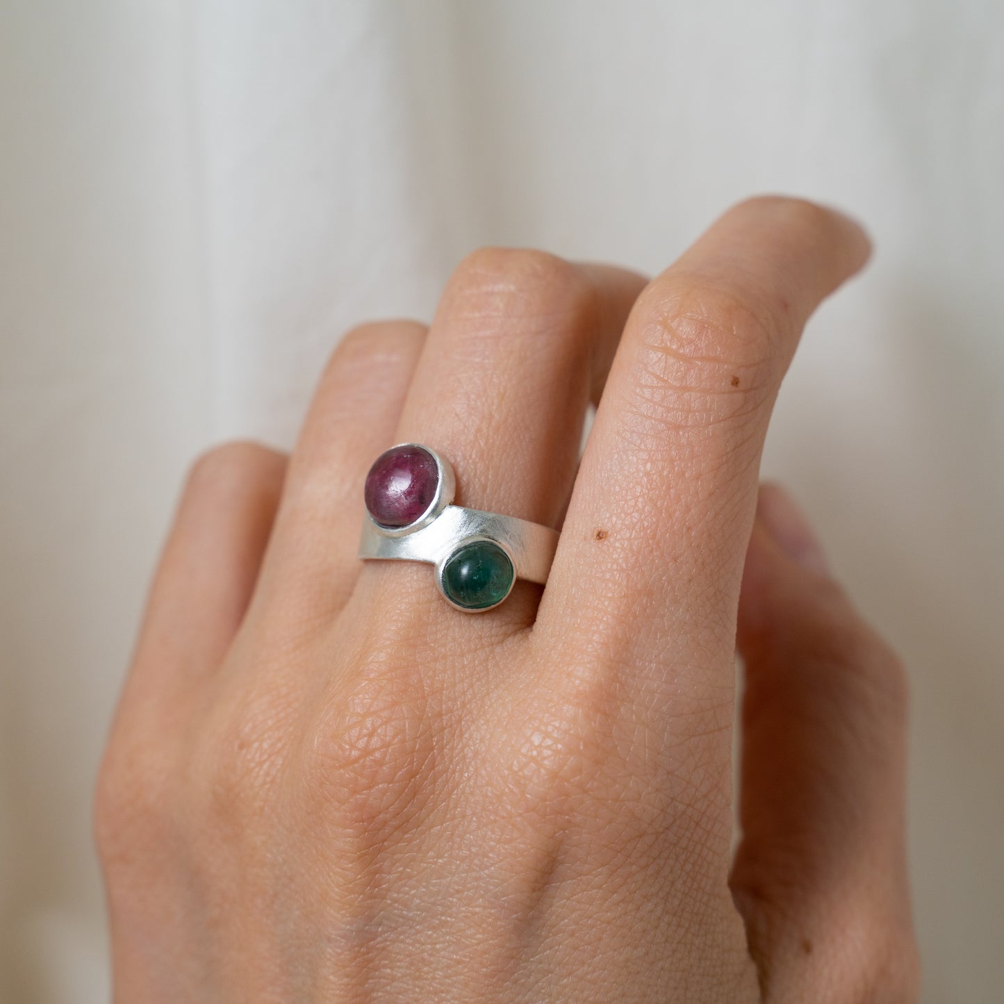 Pink tourmaline and emerald thick band silver ring
