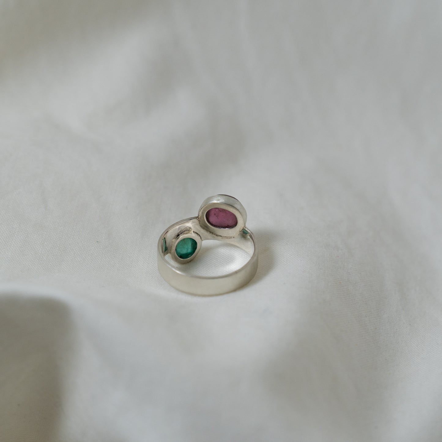 Pink tourmaline and emerald thick band silver ring