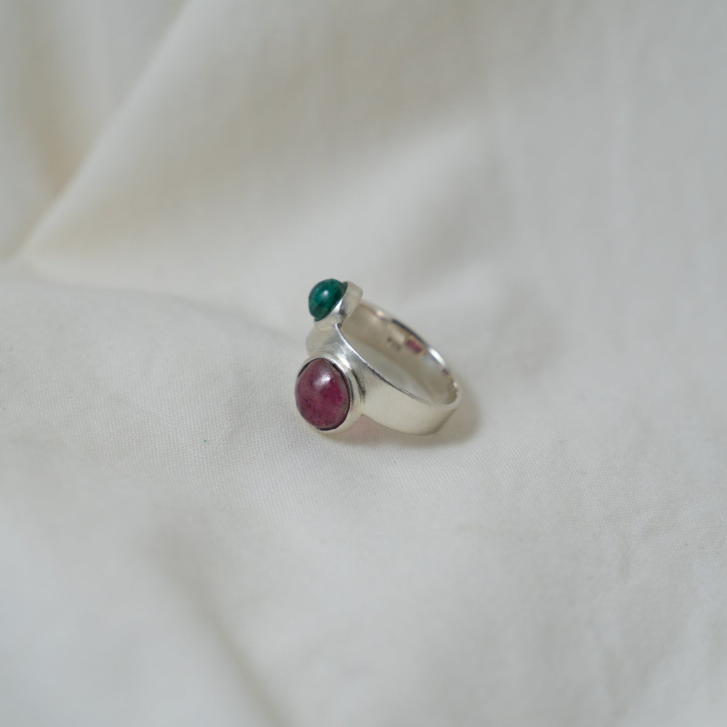 Pink tourmaline and emerald thick band silver ring