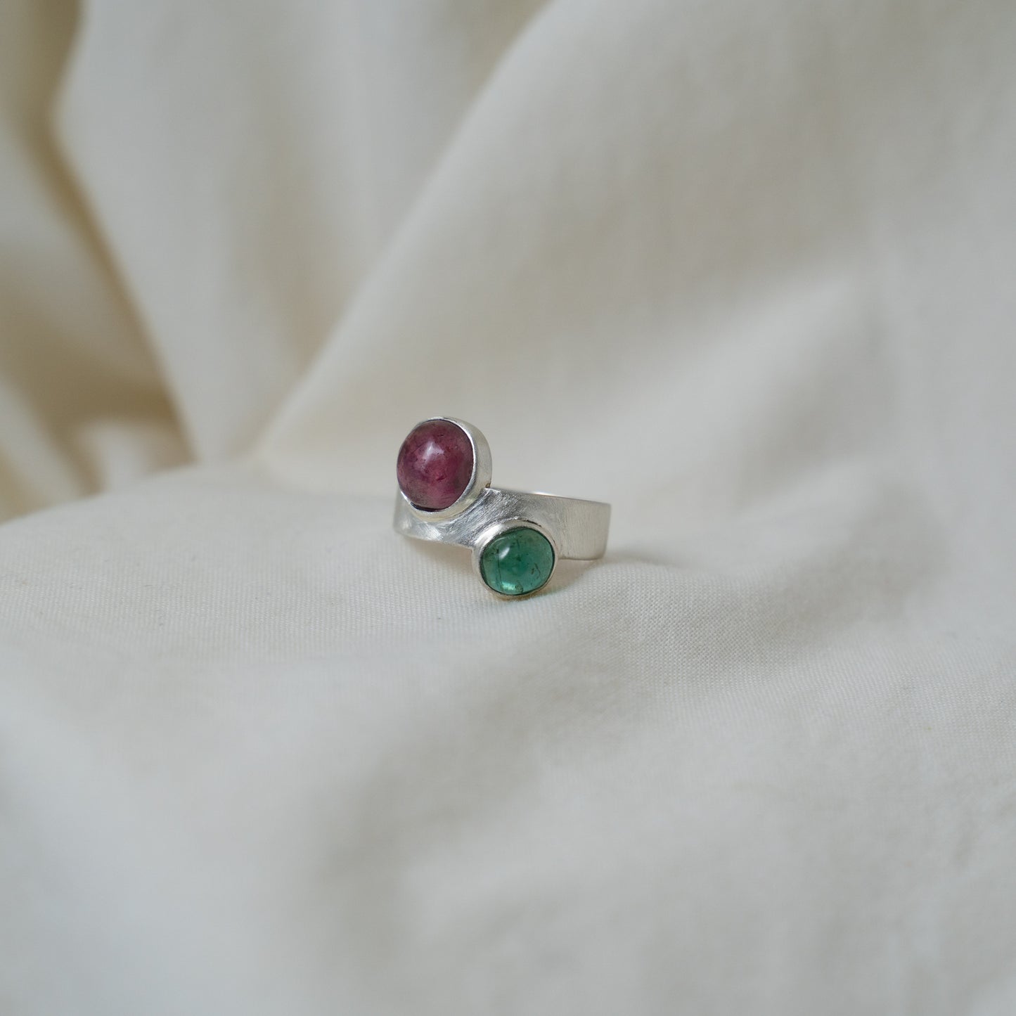 Pink tourmaline and emerald thick band silver ring