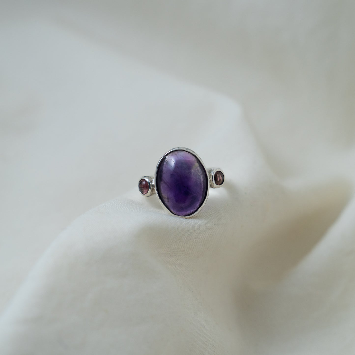 Amethyst Oval cabochon and Pink tourmaline sterling silver ring