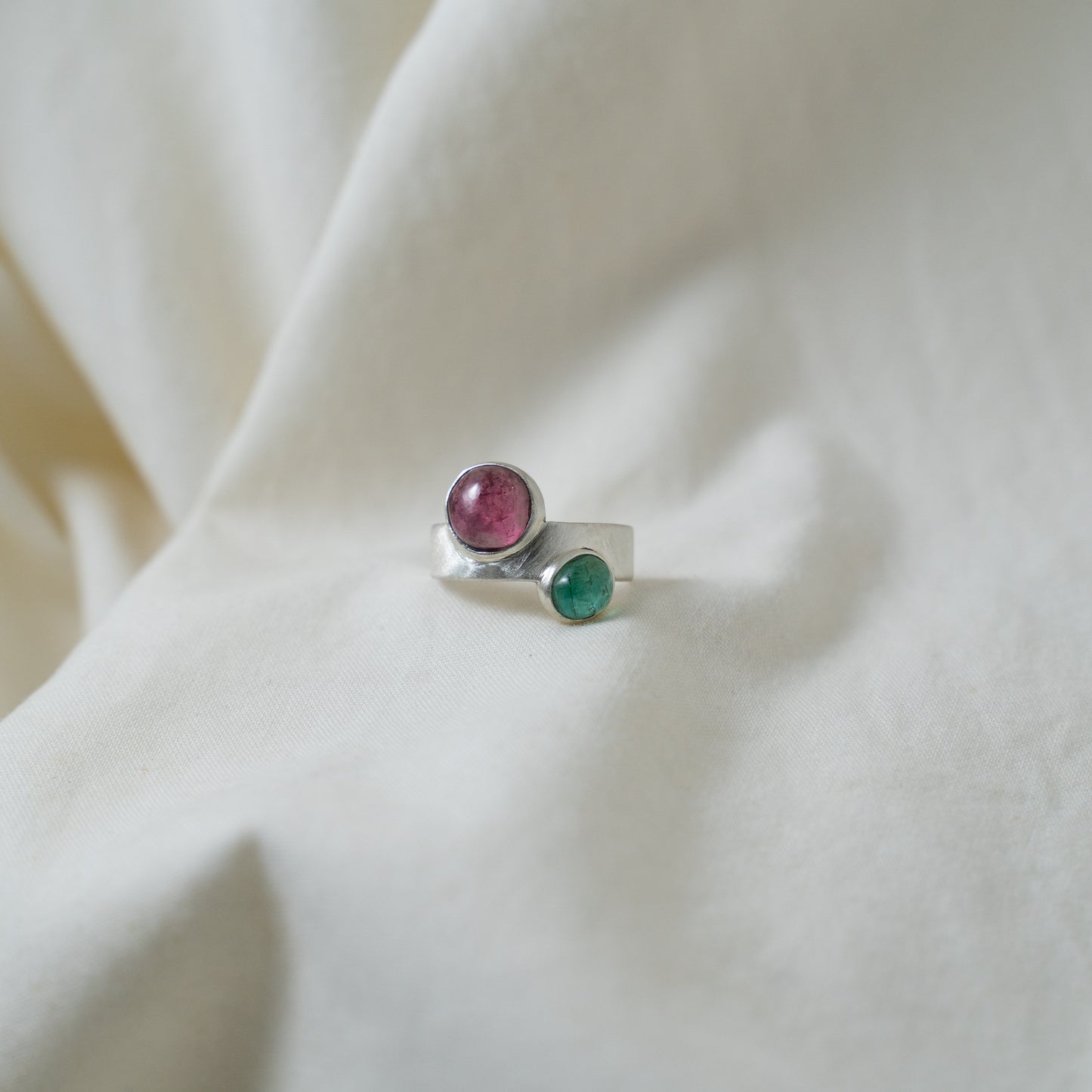 Pink tourmaline and emerald thick band silver ring