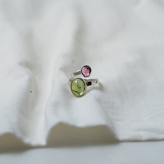 Pink & green tourmaline contemporary "Moi et Toi" silver open ring