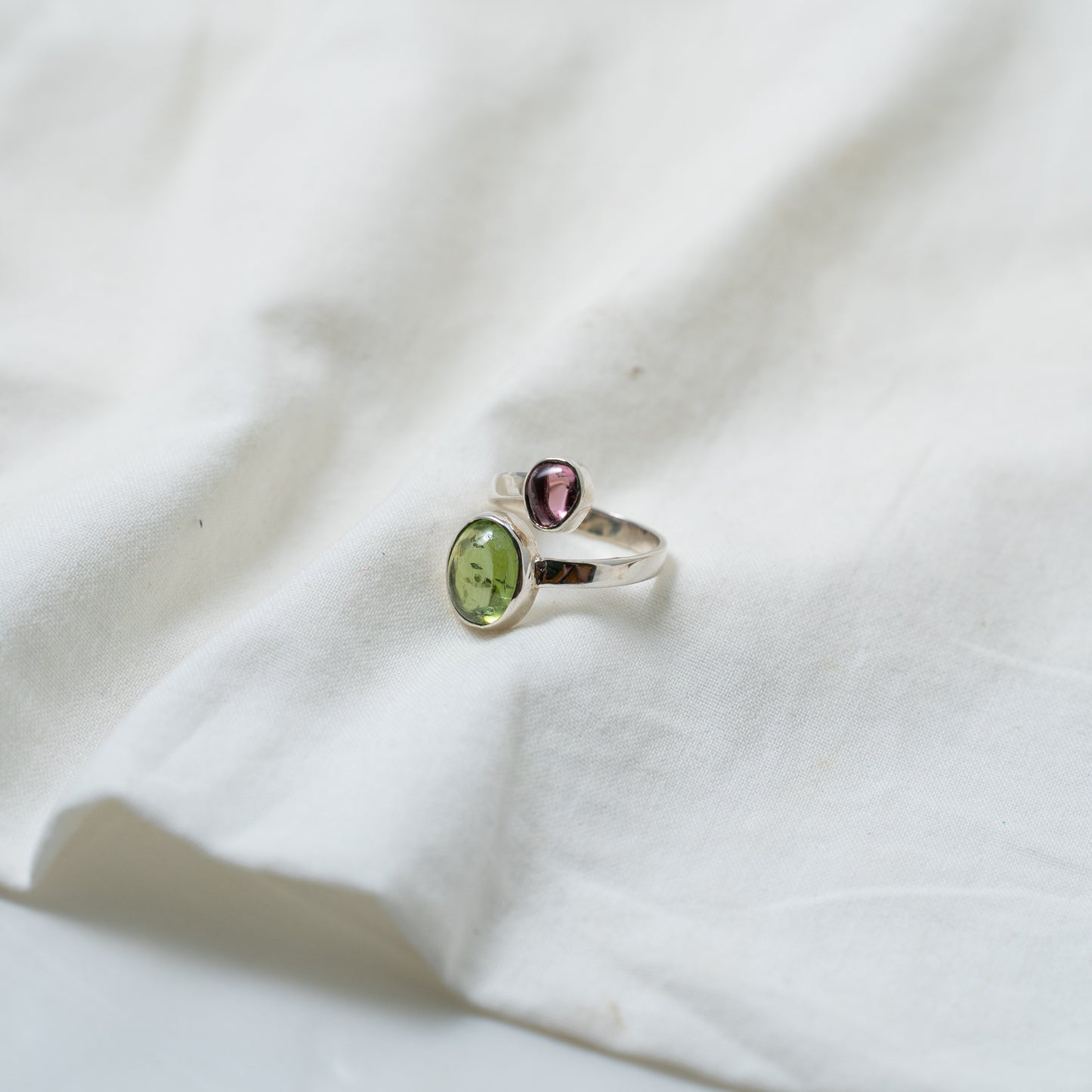 Pink & green tourmaline contemporary "Moi et Toi" silver open ring