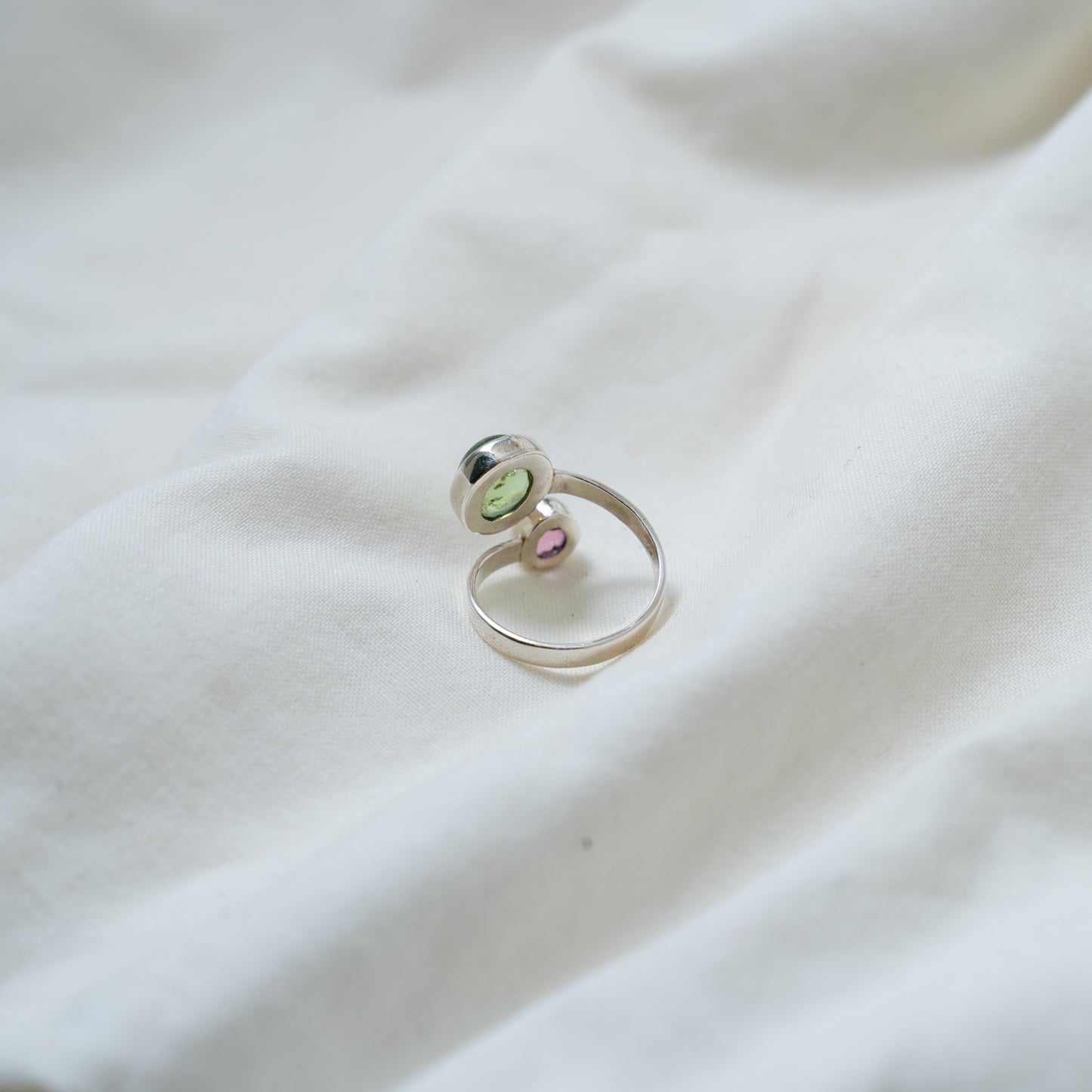 Pink & green tourmaline contemporary "Moi et Toi" silver open ring