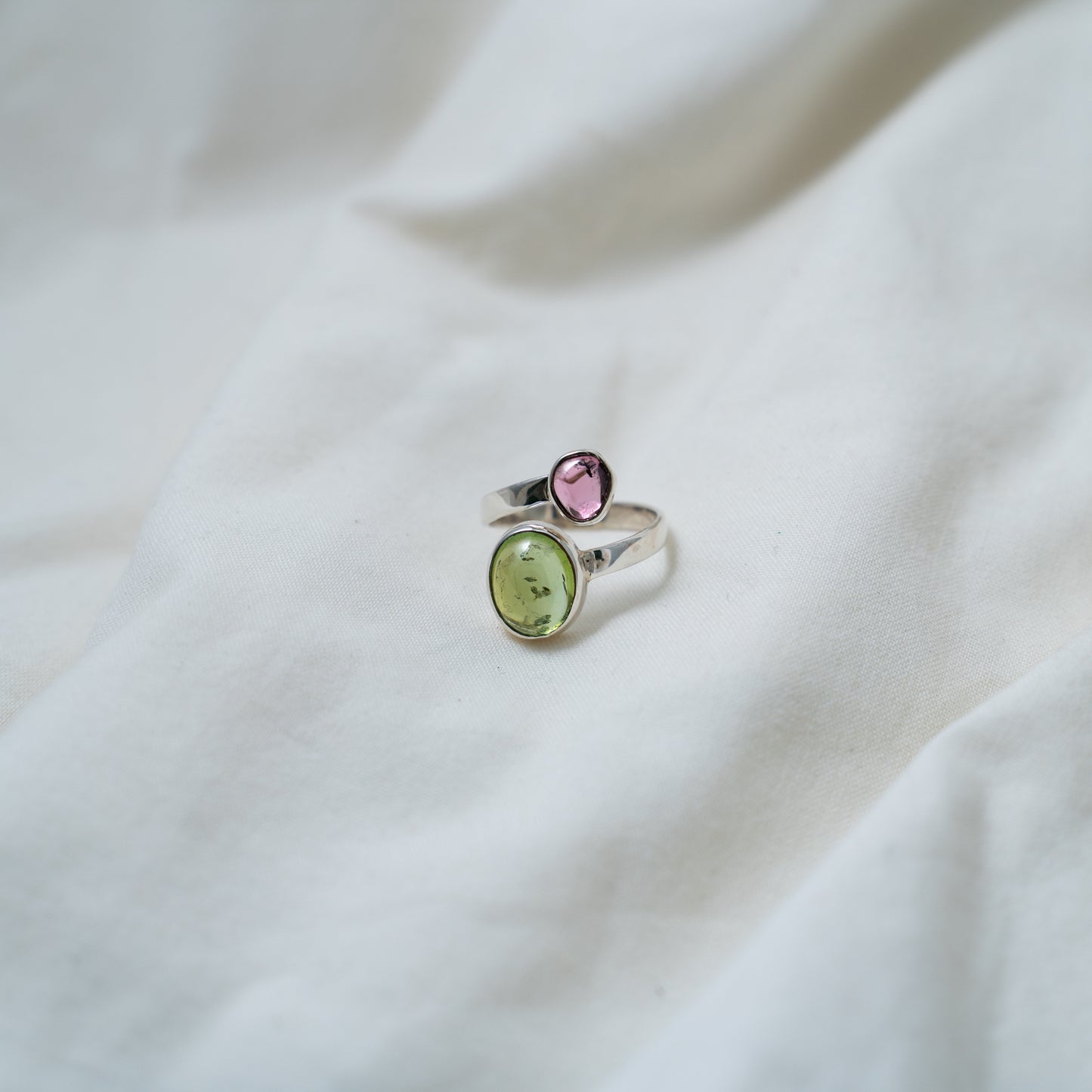 Pink & green tourmaline contemporary "Moi et Toi" silver open ring
