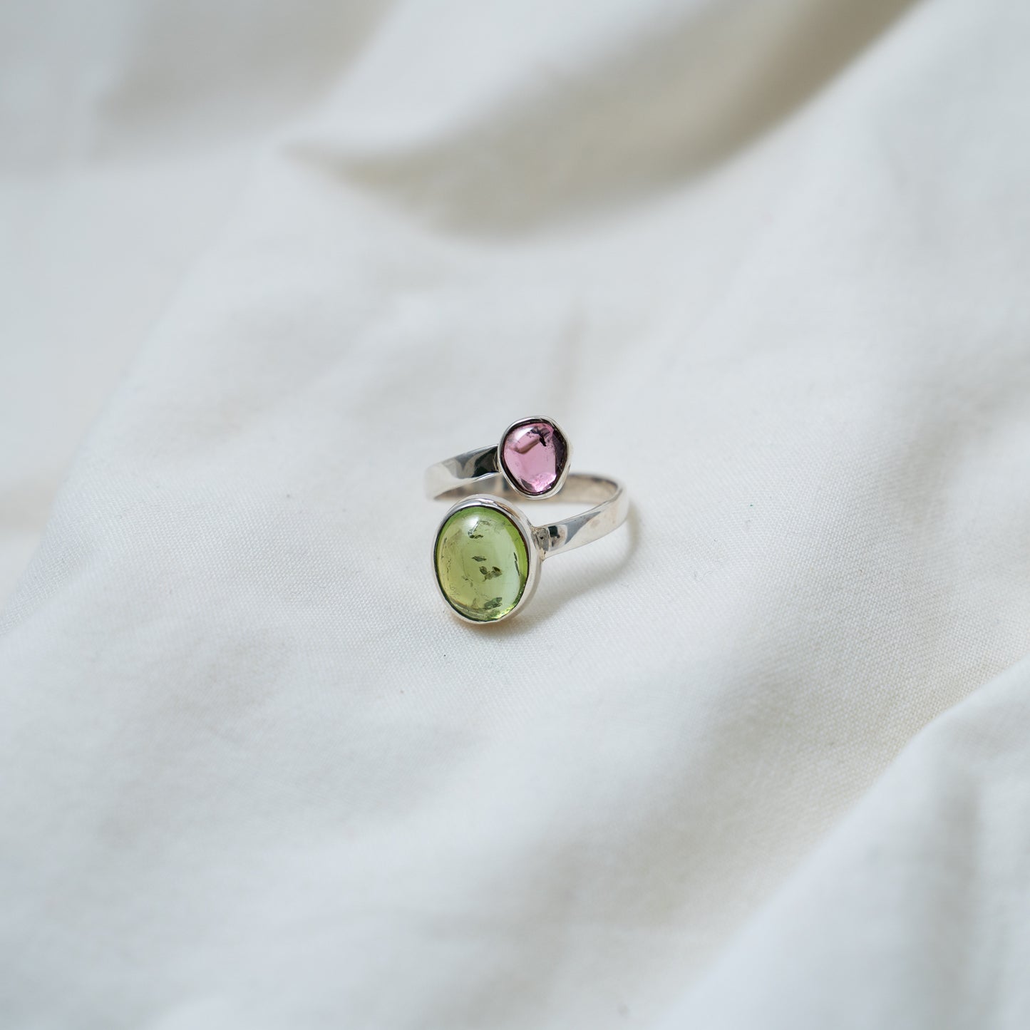 Pink & green tourmaline contemporary "Moi et Toi" silver open ring