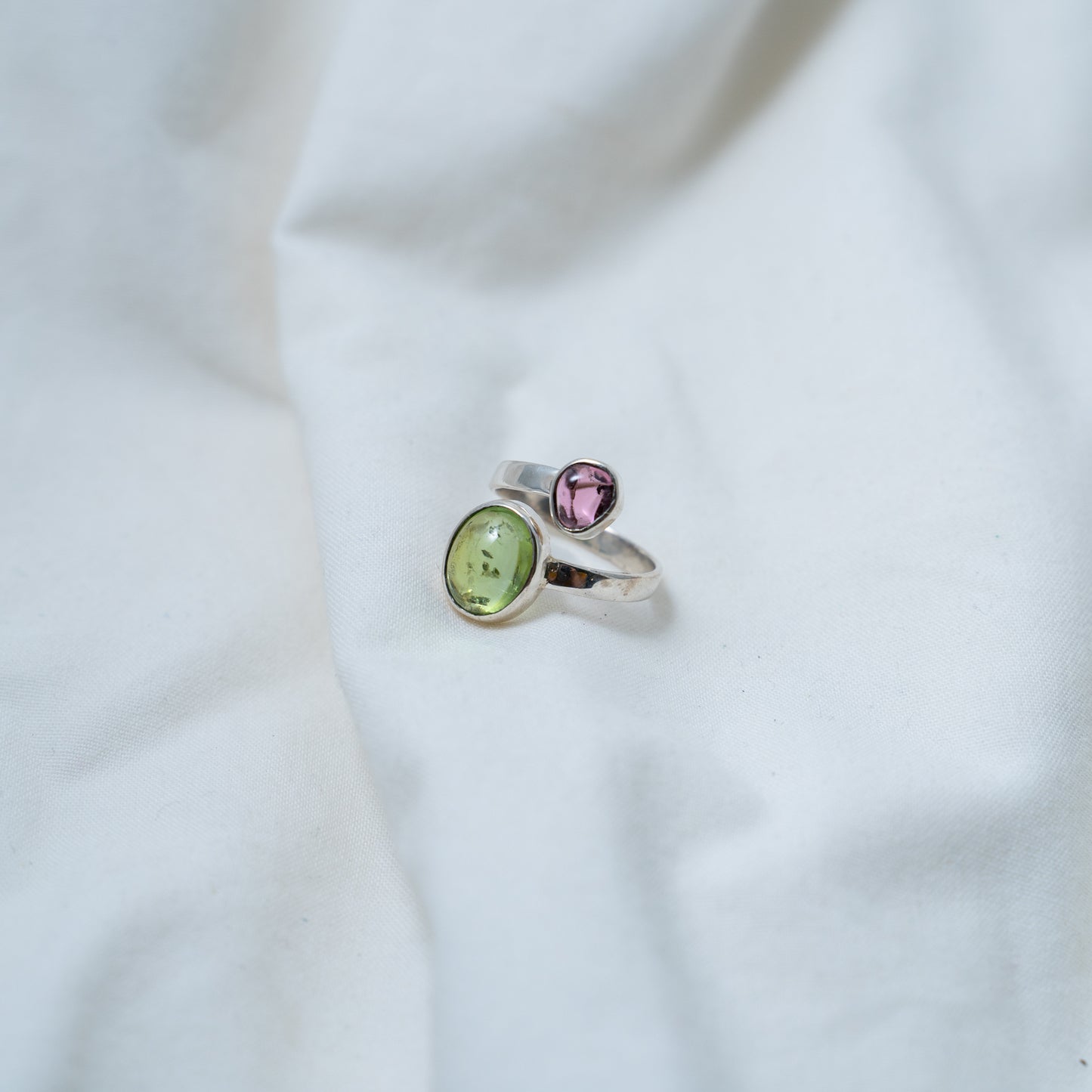 Pink & green tourmaline contemporary "Moi et Toi" silver open ring