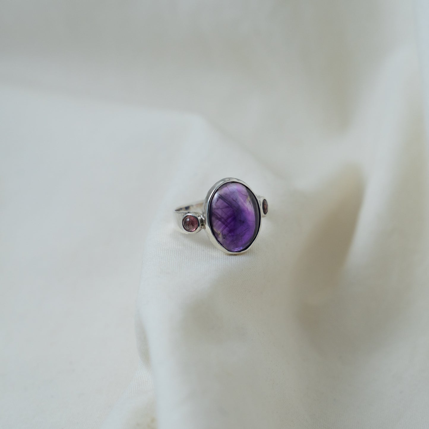 Amethyst Oval cabochon and Pink tourmaline sterling silver ring