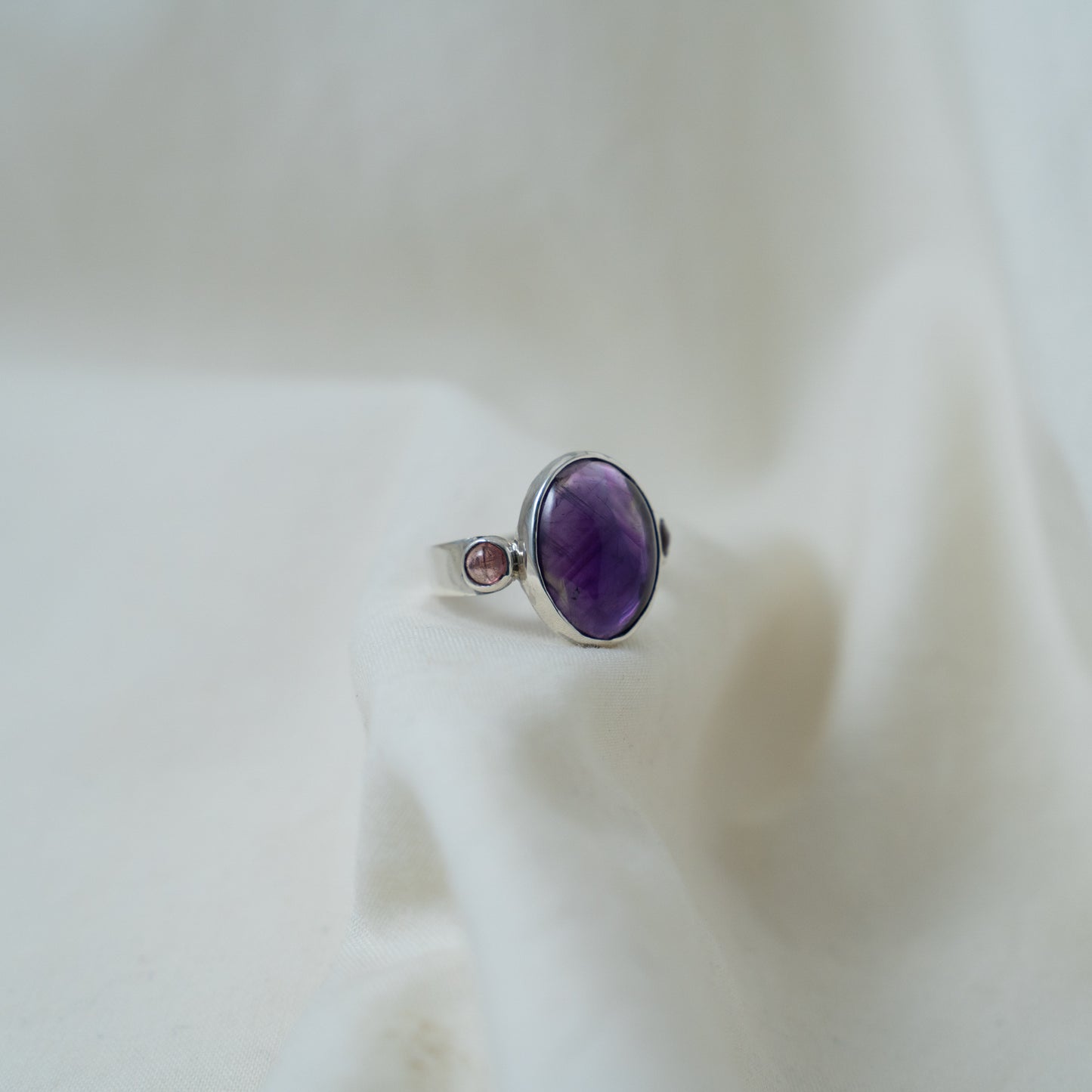 Amethyst Oval cabochon and Pink tourmaline sterling silver ring