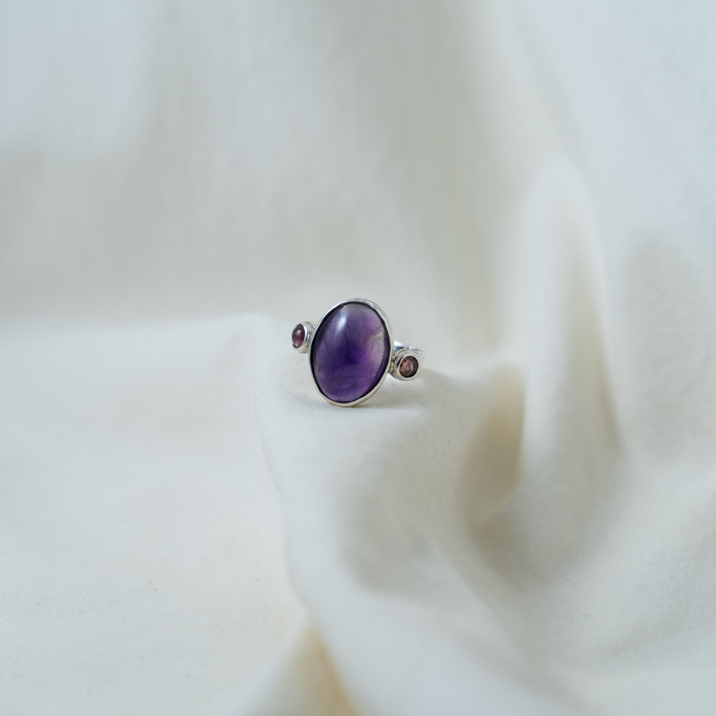 Amethyst Oval cabochon and Pink tourmaline sterling silver ring
