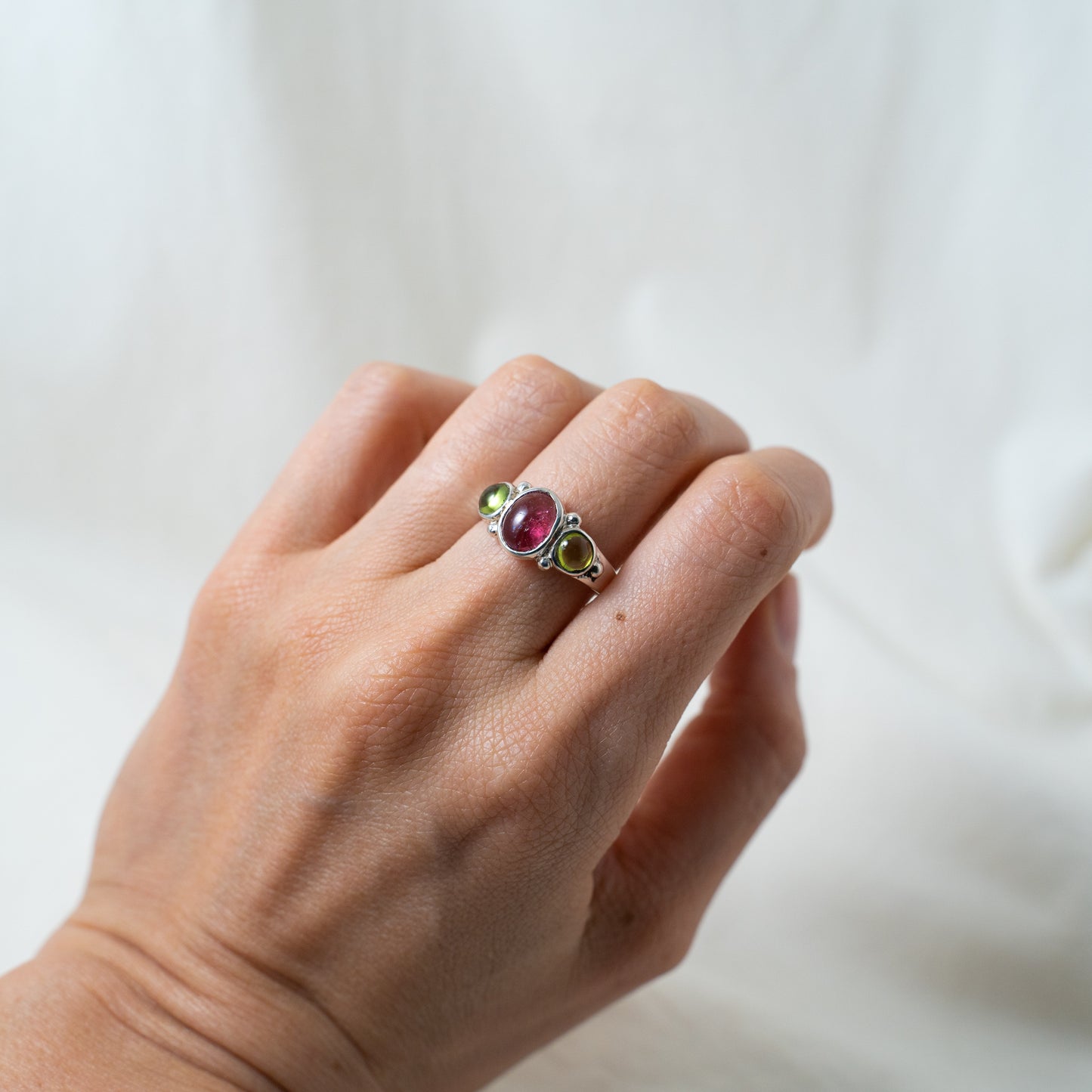 Pink Tourmaline and peridot silver ring