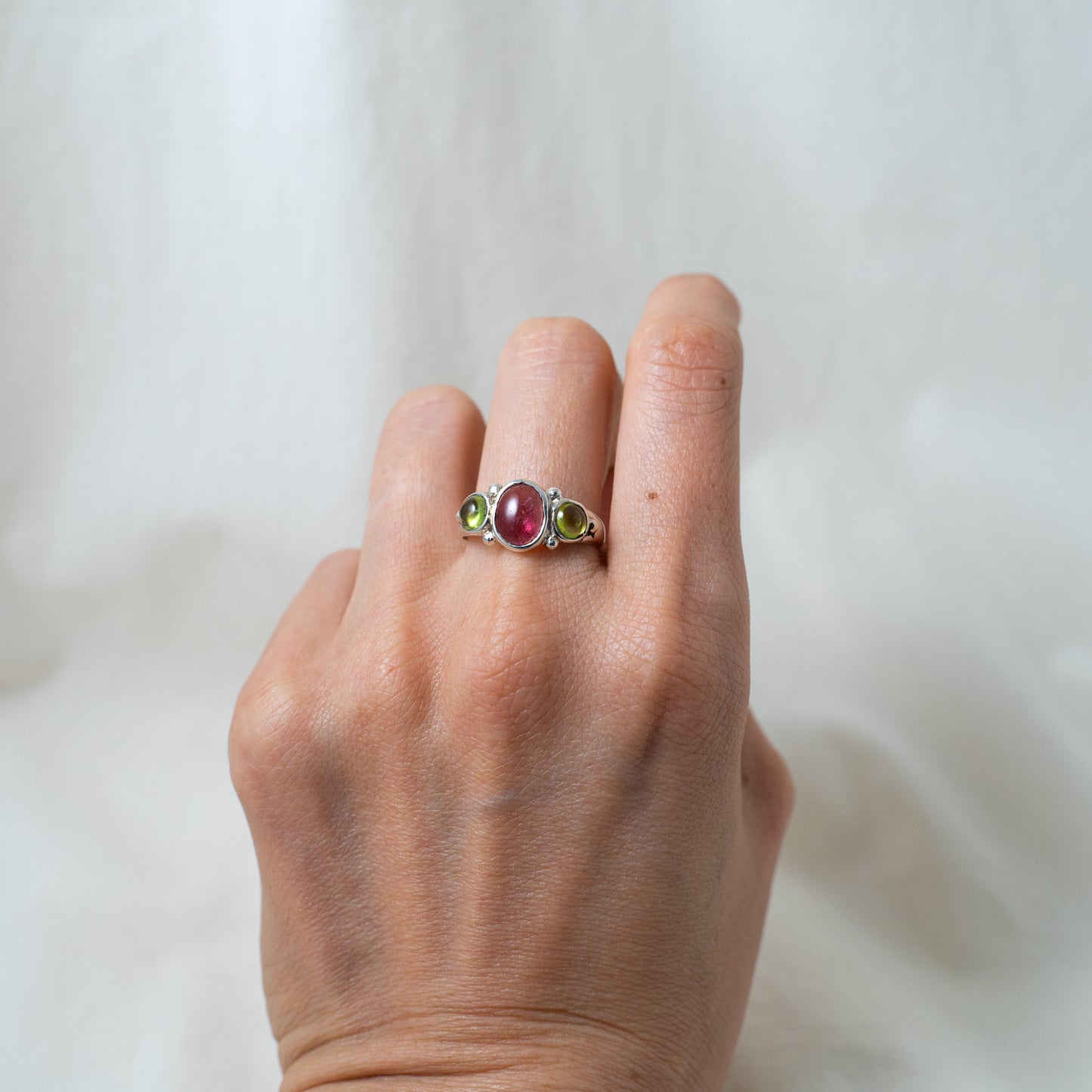 Pink Tourmaline and peridot silver ring