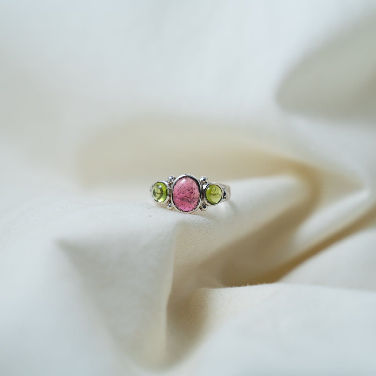 Pink Tourmaline and peridot silver ring