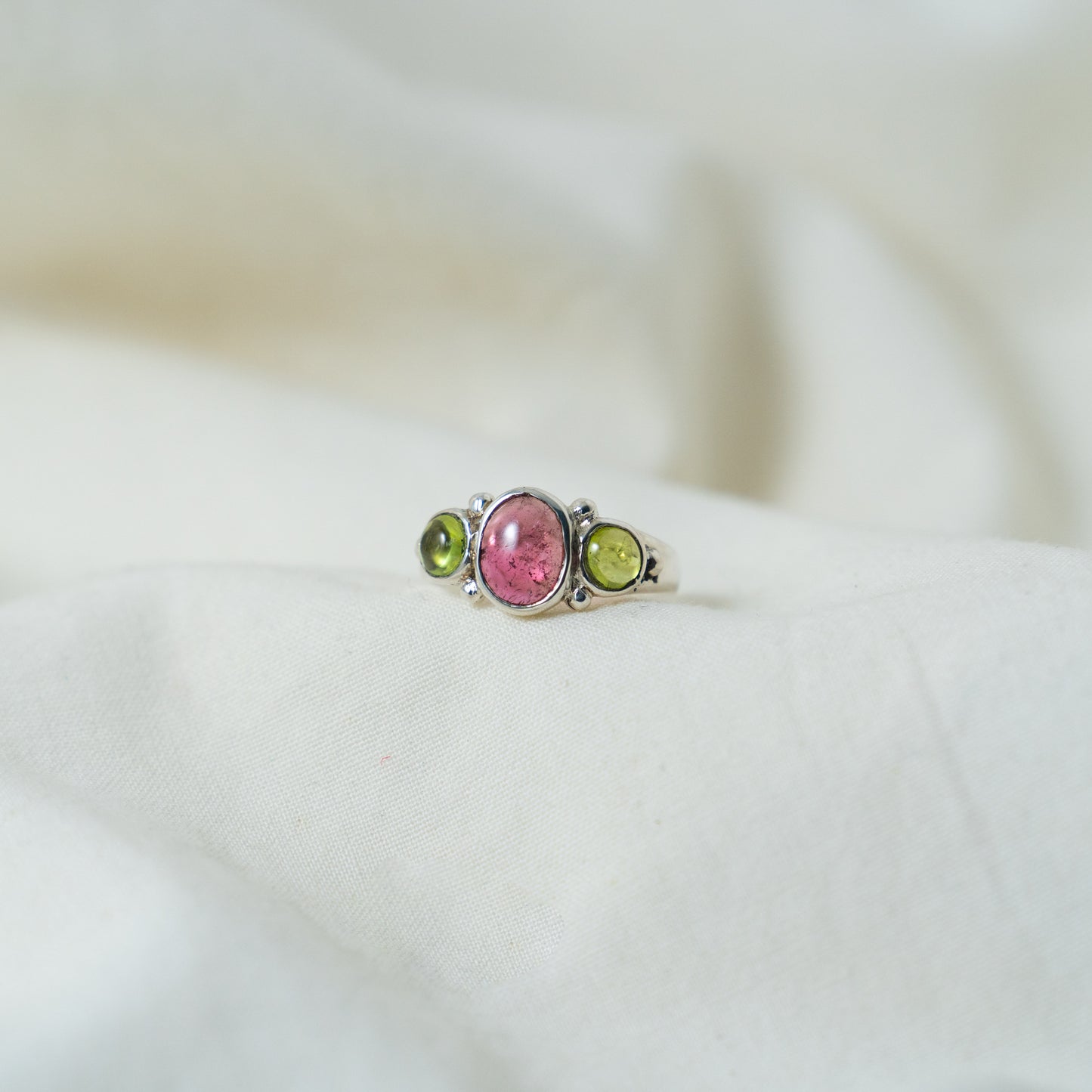 Pink Tourmaline and peridot silver ring