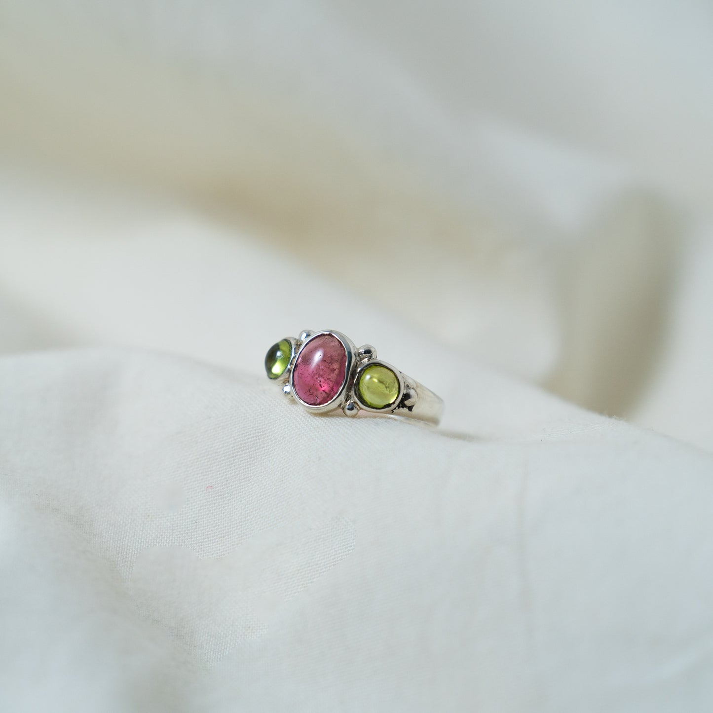 Pink Tourmaline and peridot silver ring