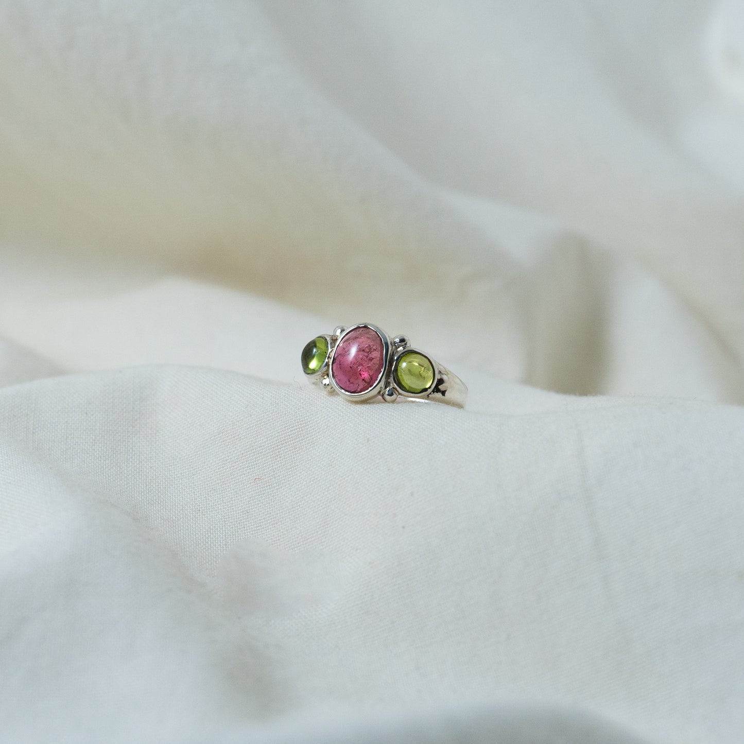 Pink Tourmaline and peridot silver ring