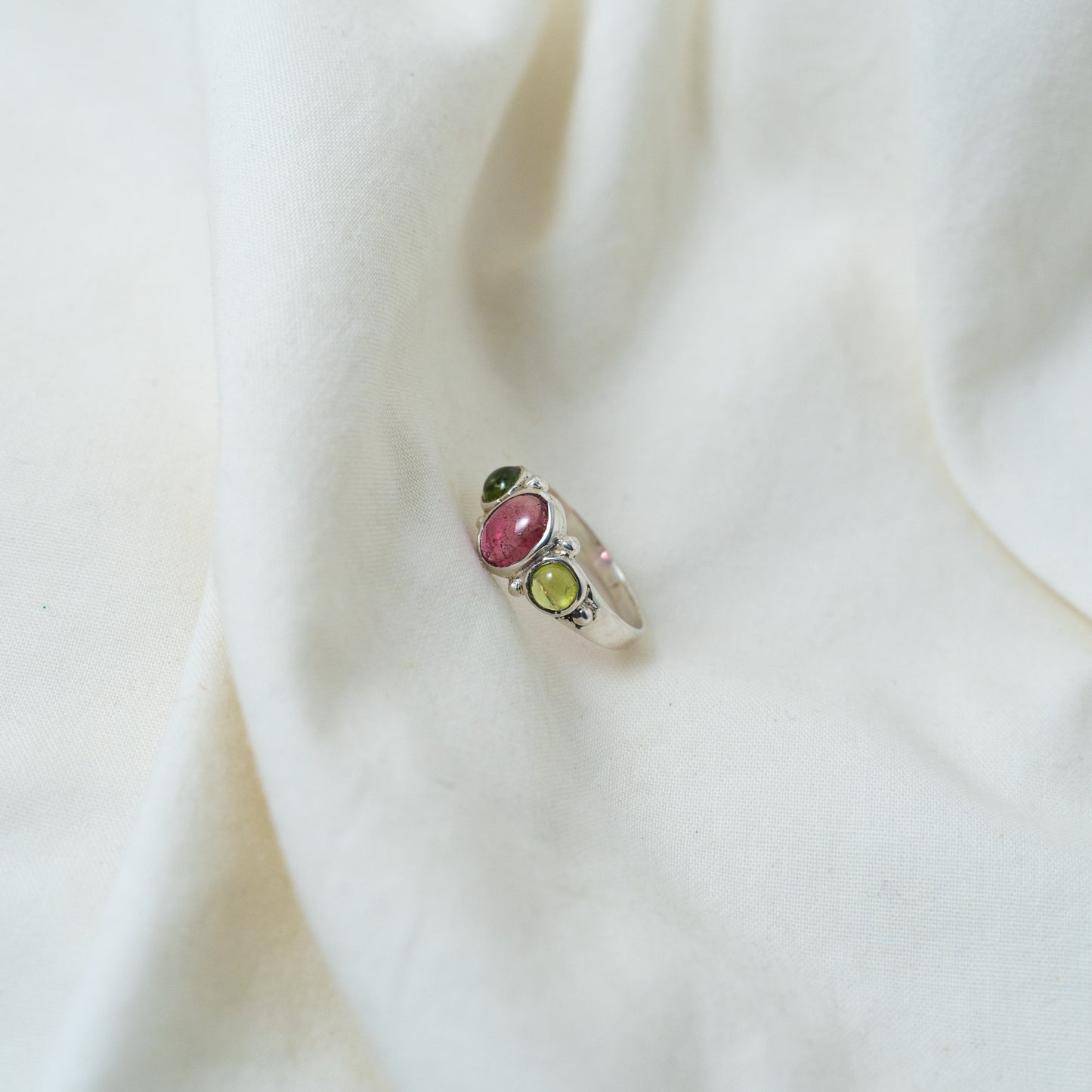 Pink Tourmaline and peridot silver ring
