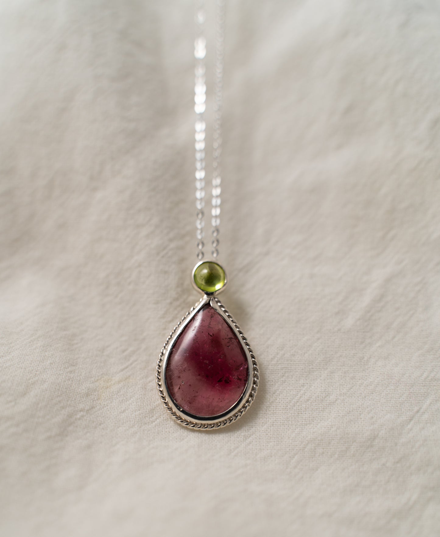 Bi-Color pink tourmaline and green peridot silver pendant