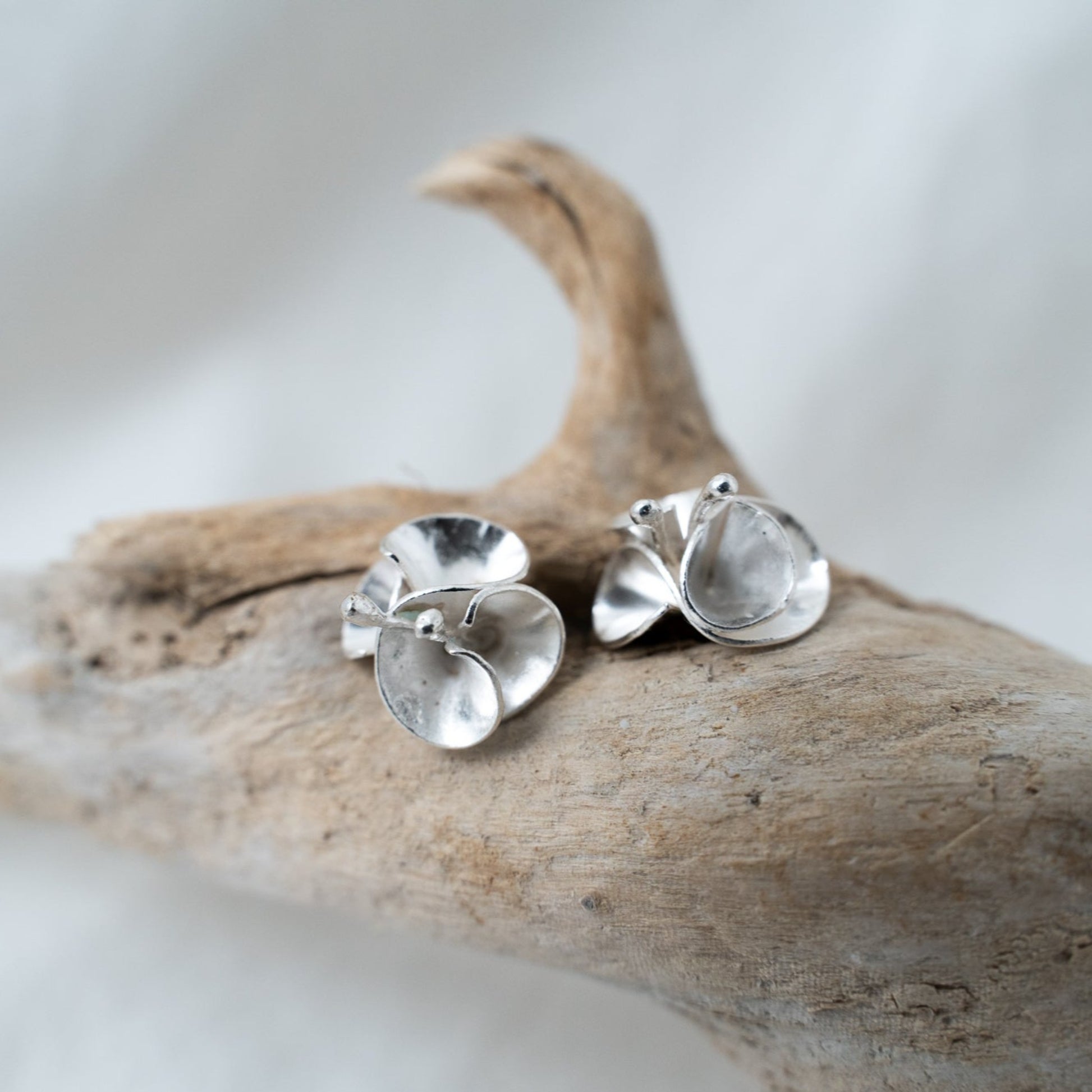 handcrafted floral silver studs photographed on a piece of driftwood. These studs are designed after the bourgainvillea flowers from Southern Africa. A flower that reminds me of home, these delicate pieces are meant to sit on your ear.