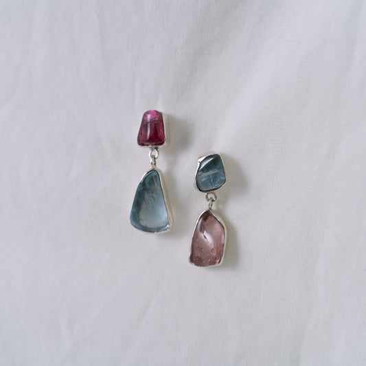 Pink tourmaline and natural aquamarine asymmetrical silver earrings